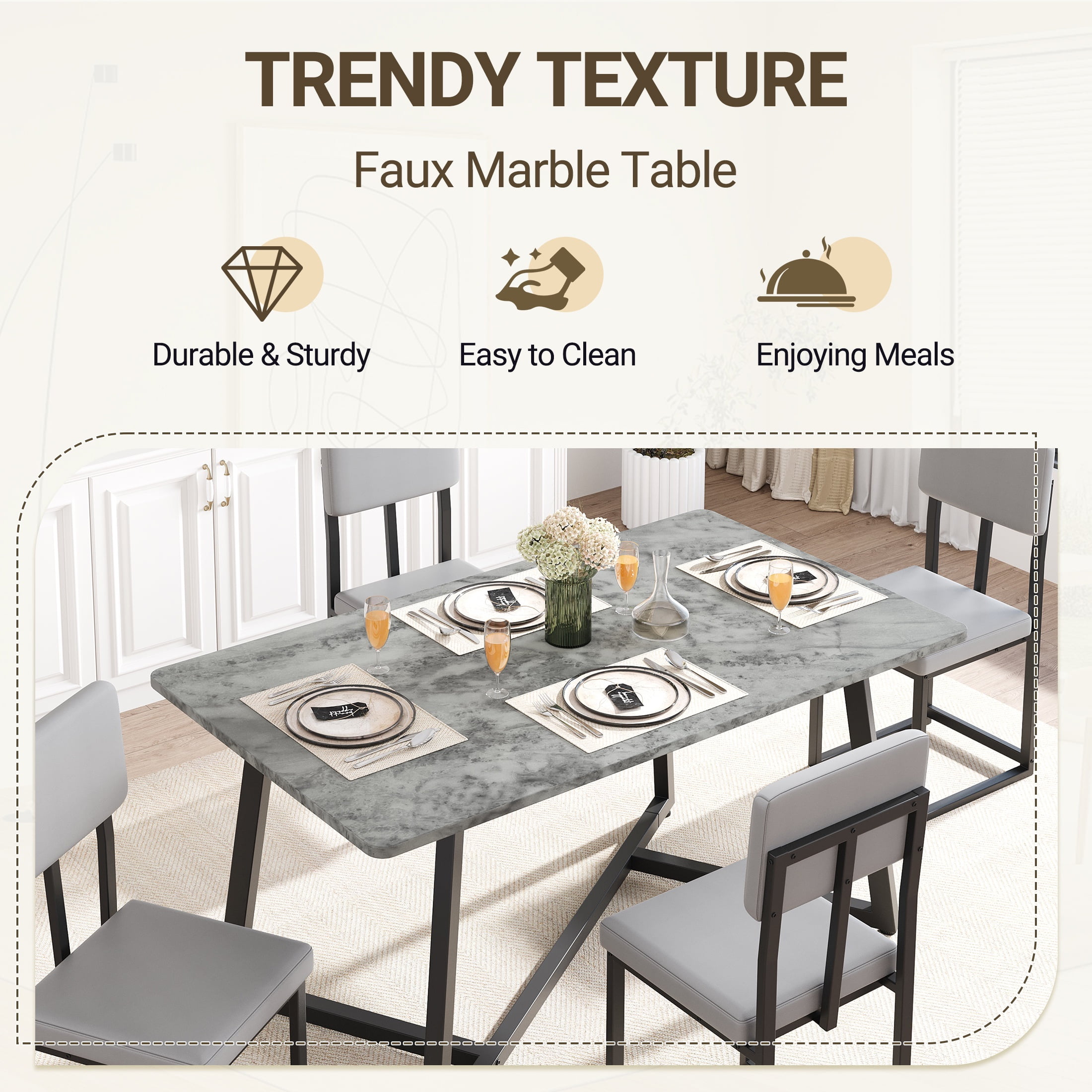 PORKISS 5 Piece Dining Table and Chair Set, Kitchen Dining Room Table Set with Faux Marble Table PU Leather Chairs, Rectangle Dining Table Set for 4, Dinette Set for Small Space, Gray + Black - Image 5