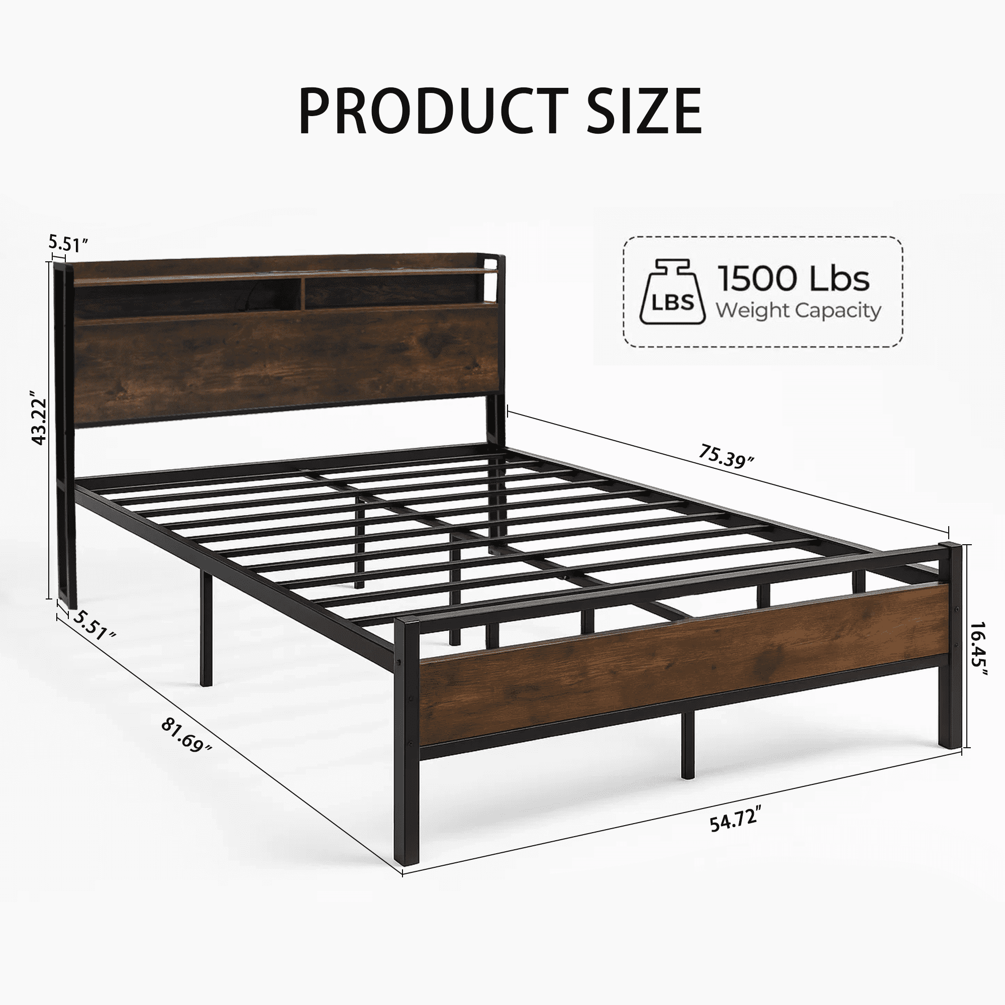 Full size Bed Frame with Storage Headboard, LED Lights and USB Charging Station, Metal Bed Frame, Rustic Brown - Image 2