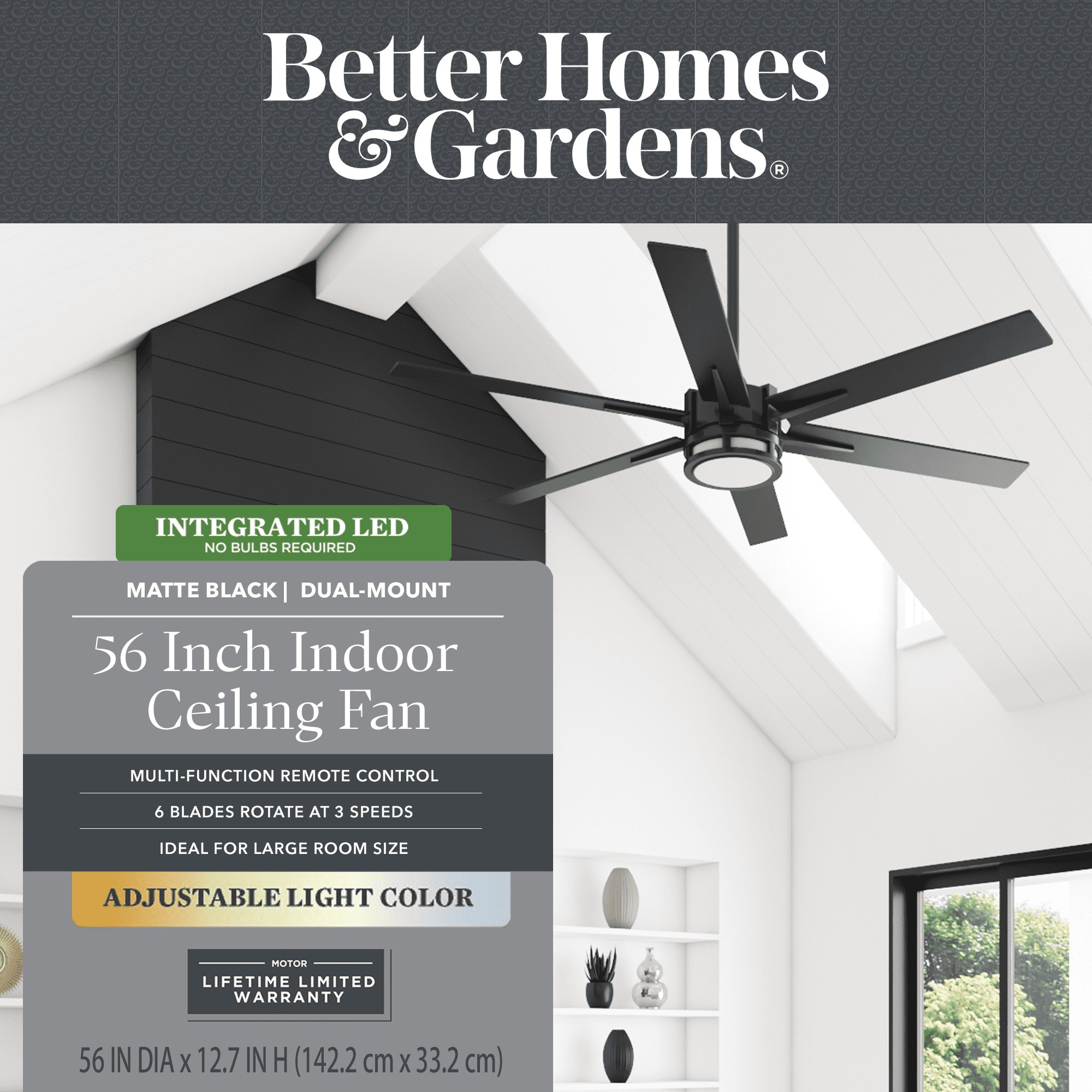 Better Homes & Gardens 56" Black Large Indoor Ceiling Fan with Color Changing Light 6 Blades Remote and Reverse Airflow - Image 14