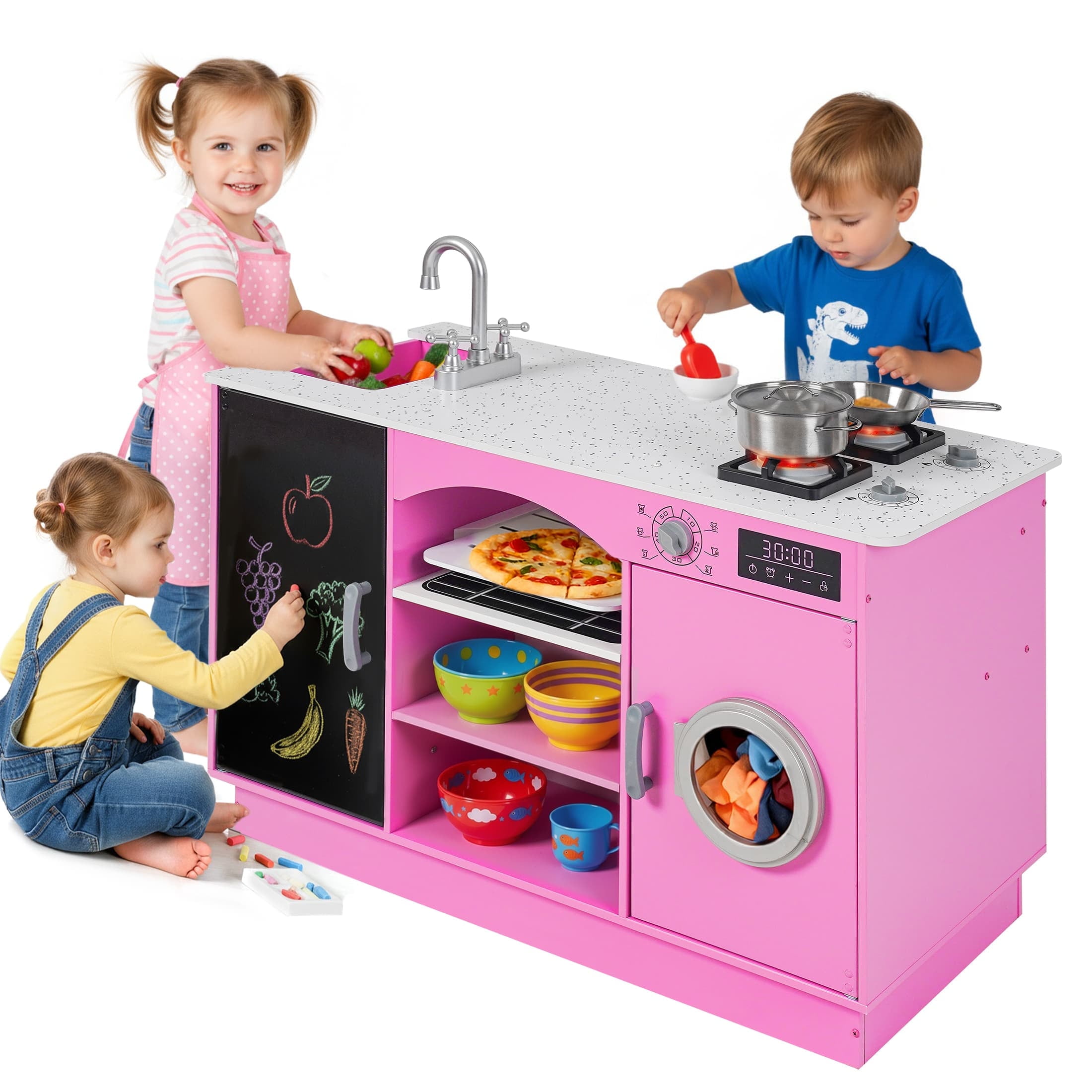 COCLUB Modern Wooden Play Kitchen Island for Kids, Pretend Play Center w/ Electronic Light & Sound Effects, Kids Kitchen Playset | Microwave, Washer, Ice Maker, Chalkboard & Accessories Included - Image 7