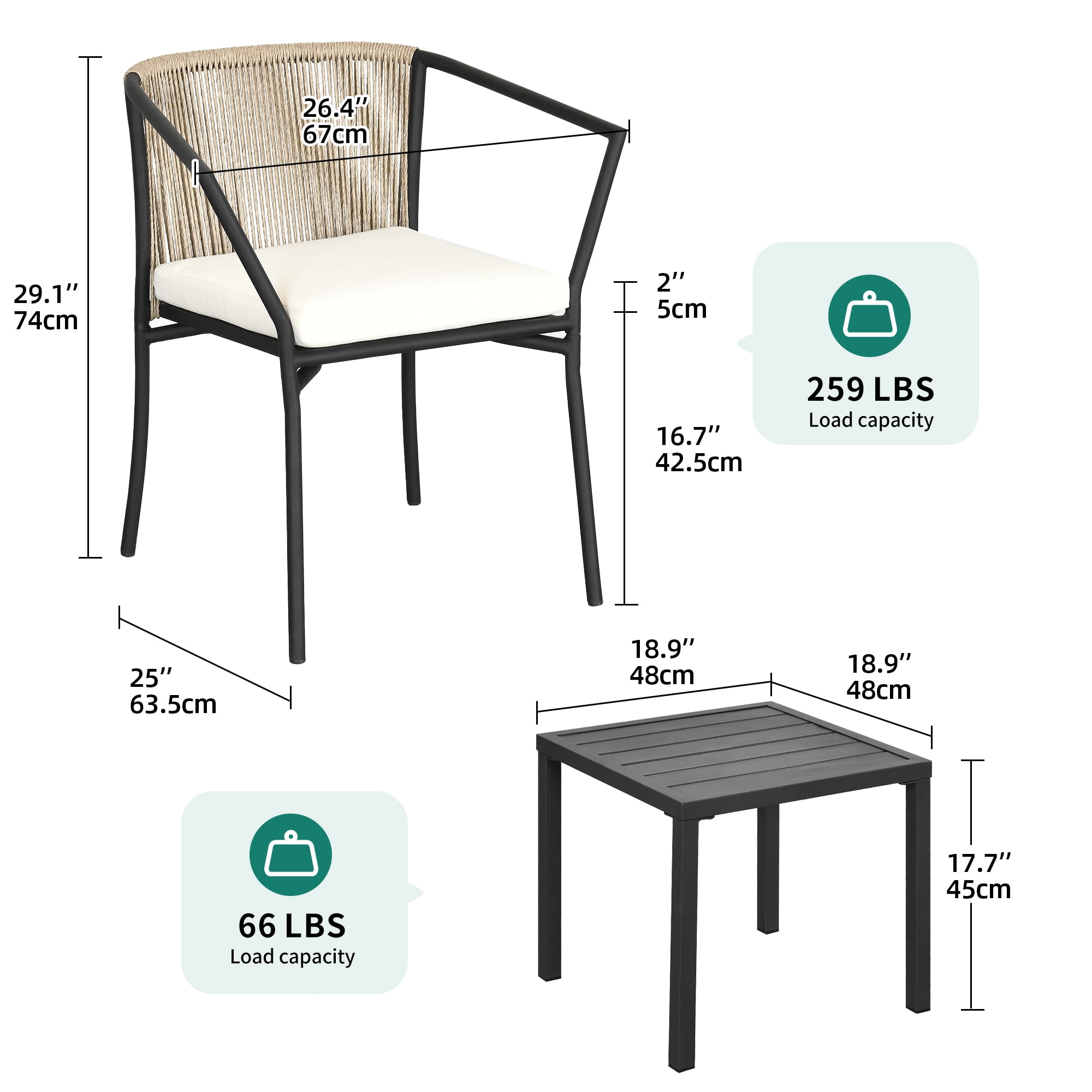 Dextrus 3-Piece Patio Conversation Bistro Set, Outdoor Wicker Dining Table Chairs Set, With 2 Stackable Chairs, Cushions, Side Table - Beige - Image 5