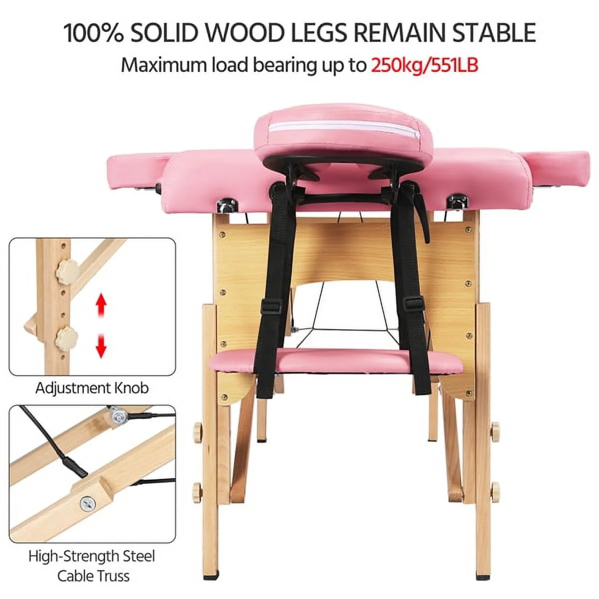 Alden design Fold Portable Massage Table w/ Removable Headrest Armrests, Pink - Image 9