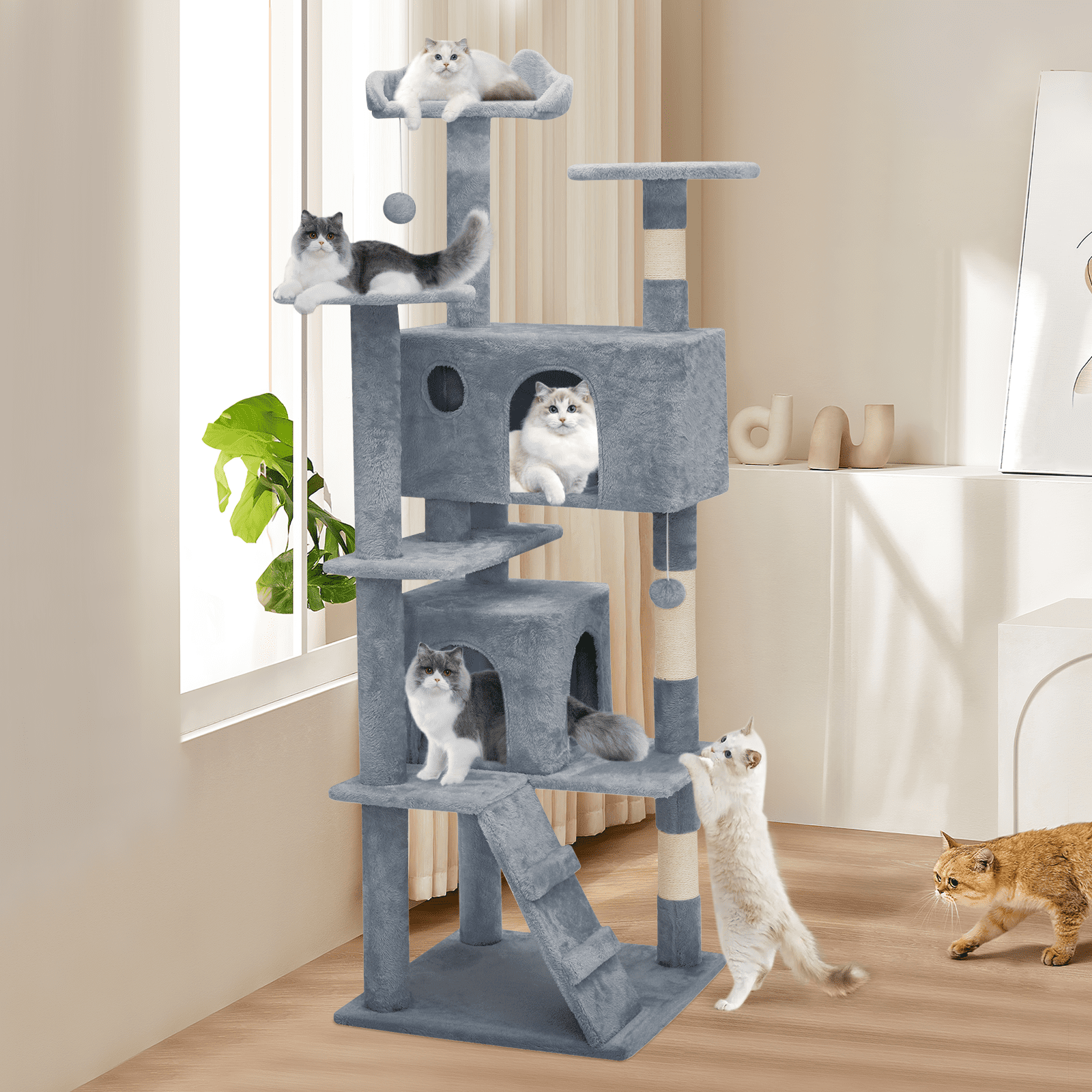 Magshion 60" Multi-Level Cat Tree Tower with Caves, Gentle Ramp, and Pompoms for Indoor Cats, Light Gray - Image 10