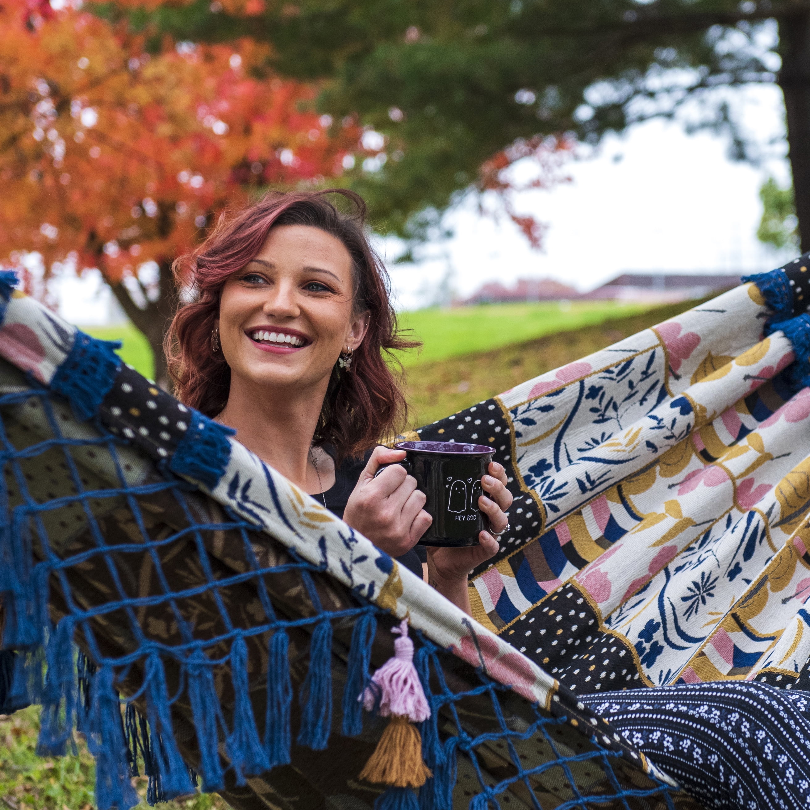 Equip Jacquard Bohemian Macrame Hammock, Blue Patchwork Print, Size 126 in. L x 59 in. W - Image 5