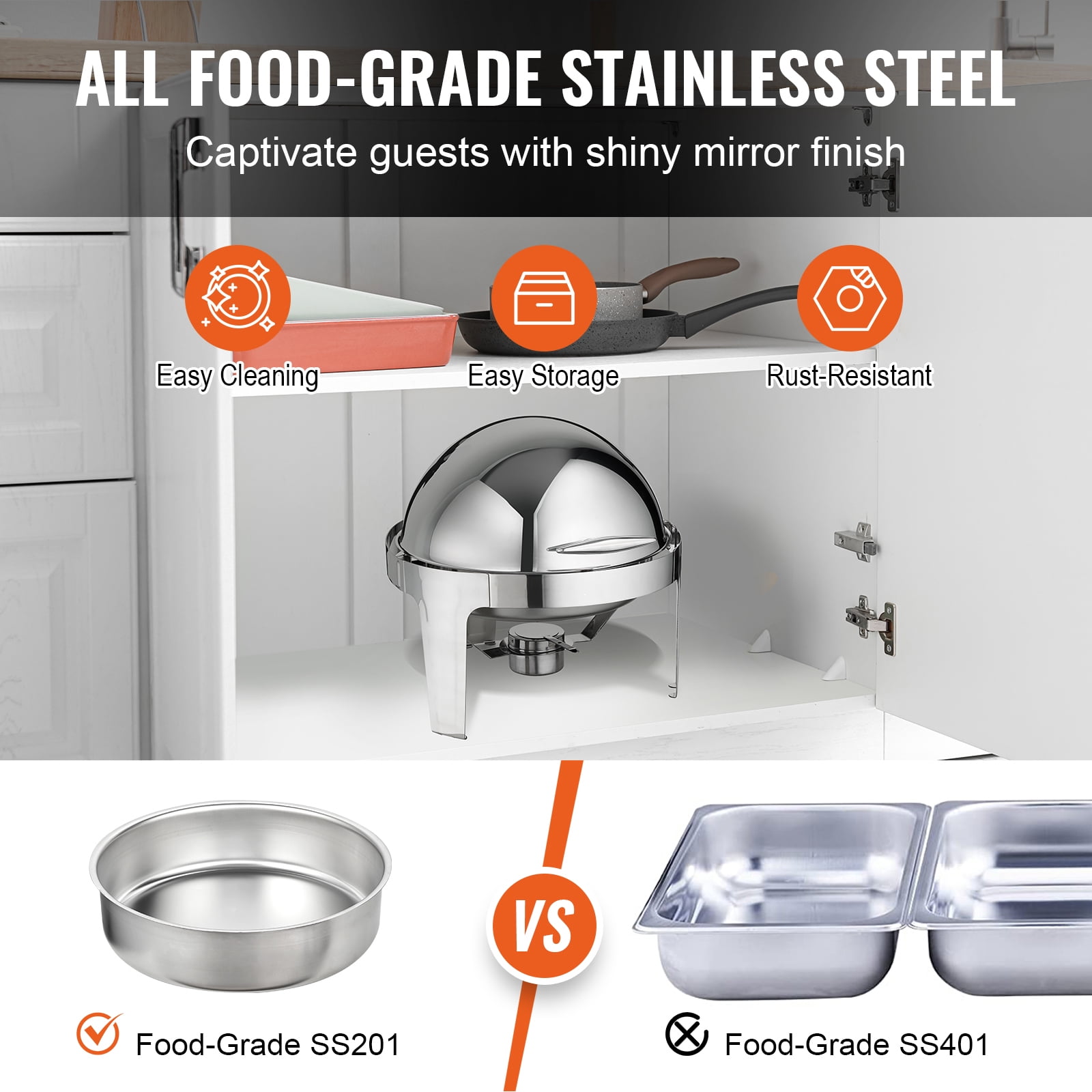 VEVOR 2 Pack Roll Top Chafing Dish Buffet Set, 6 Qt Stainless Steel Chafer with 2 Full Size Pans, Round Catering Warmer Server w/ Lid Water Pan Stand Fuel Holder for Party - Image 5