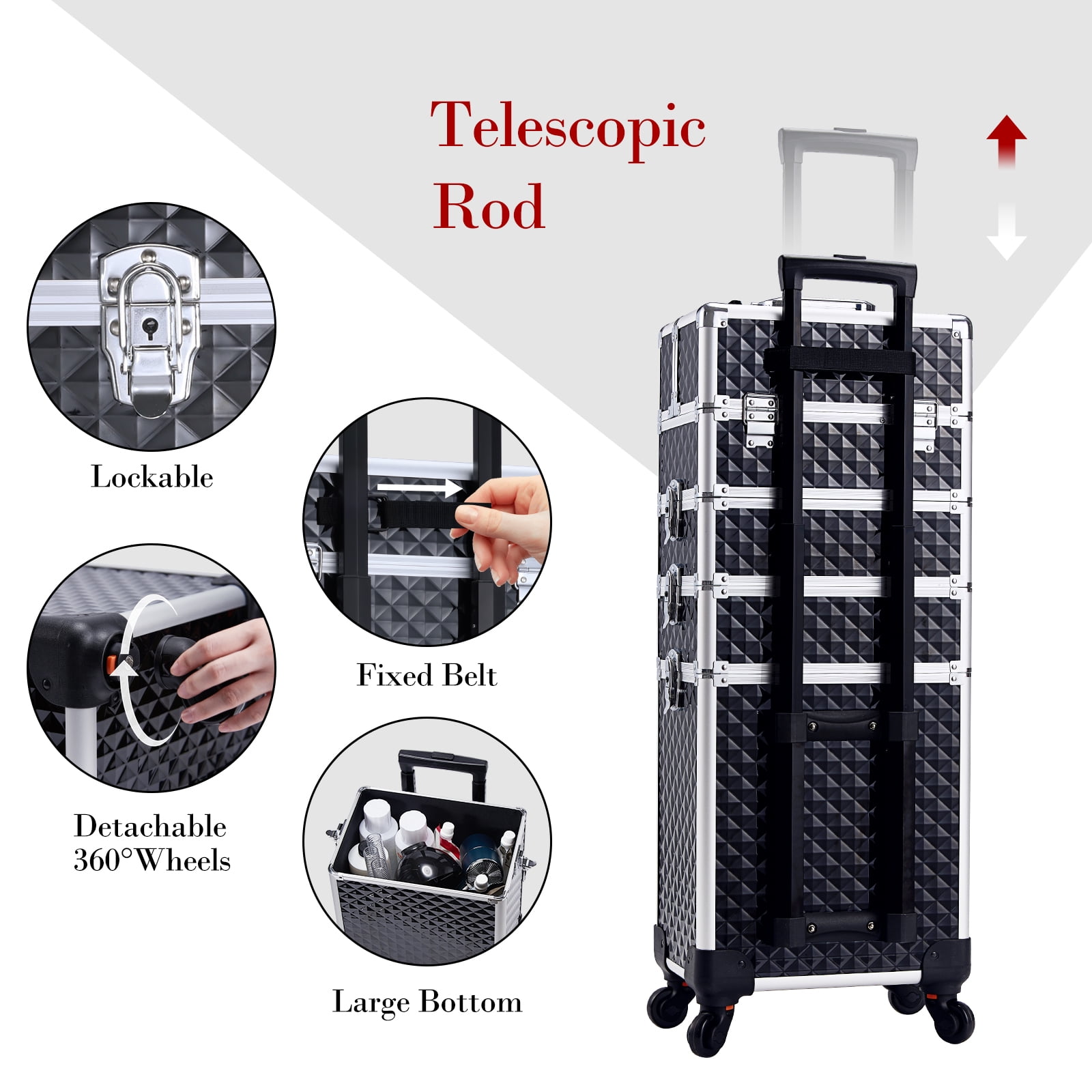 Professional Rolling Makeup Case with Wheels 4 in 1 Aluminum Cosmetic Train Case Trolley Box Salon Barber Suitcase - Image 7