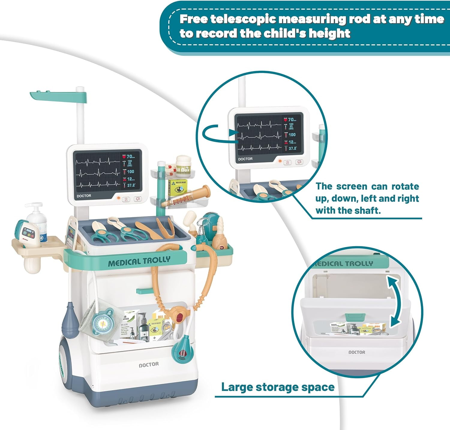 Toy Doctor Kit for Kids, Pretend Medical Station Set for Boys & Girls, 28 Accessories Mobile Cart with Lights and Thermometer, Kids Doctor Kit for Toddlers 3-5 Years Old - Image 2