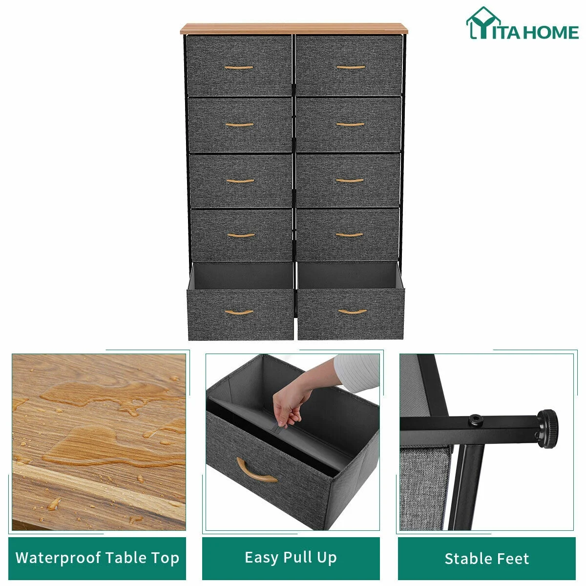 YITAHOME 10-Drawer Fabric Dresser with Wooden Top, Steel Frame, Dark Gray – Adult Storage Organizer - Image 9