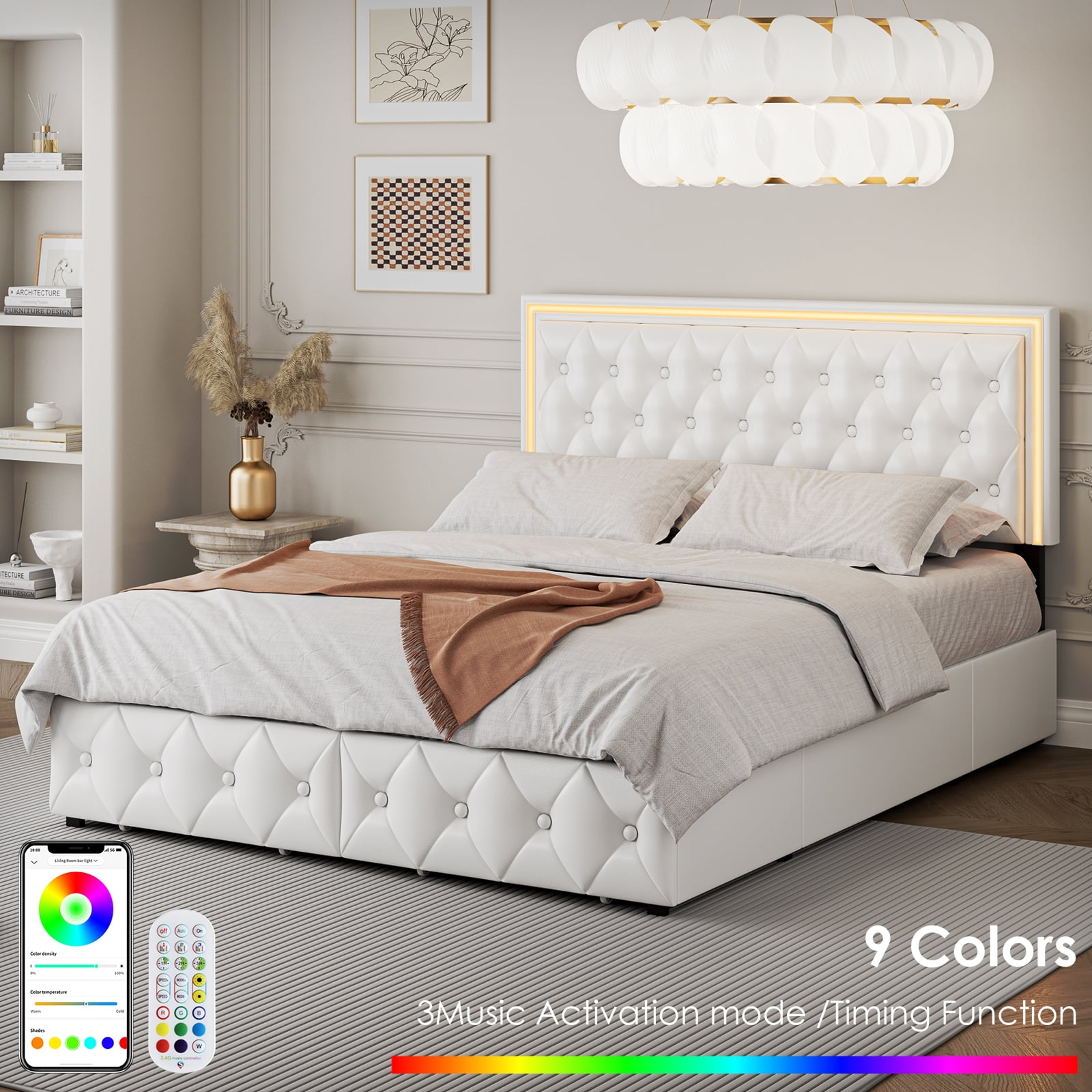 Homfa Queen LED Bed with 4 Drawers, LED Lights Platform Storage Bed Frame with Upholstered Adjustable Button Tufted Headboard, PU White - Image 3