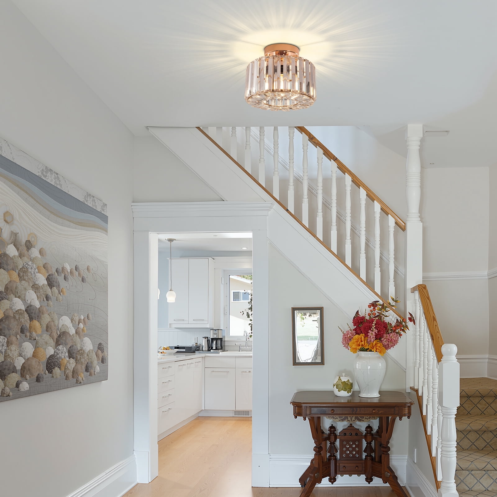 Frideko Home Crystal Ceiling Light Fixture, 9" Gold Modern Semi Flush Mount Ceiling Light, E26 Base for Light Bulbs, Crystal Chandelier for Kitchen Bedroom Bathroom Hallway (Bulb not Included) - Image 10