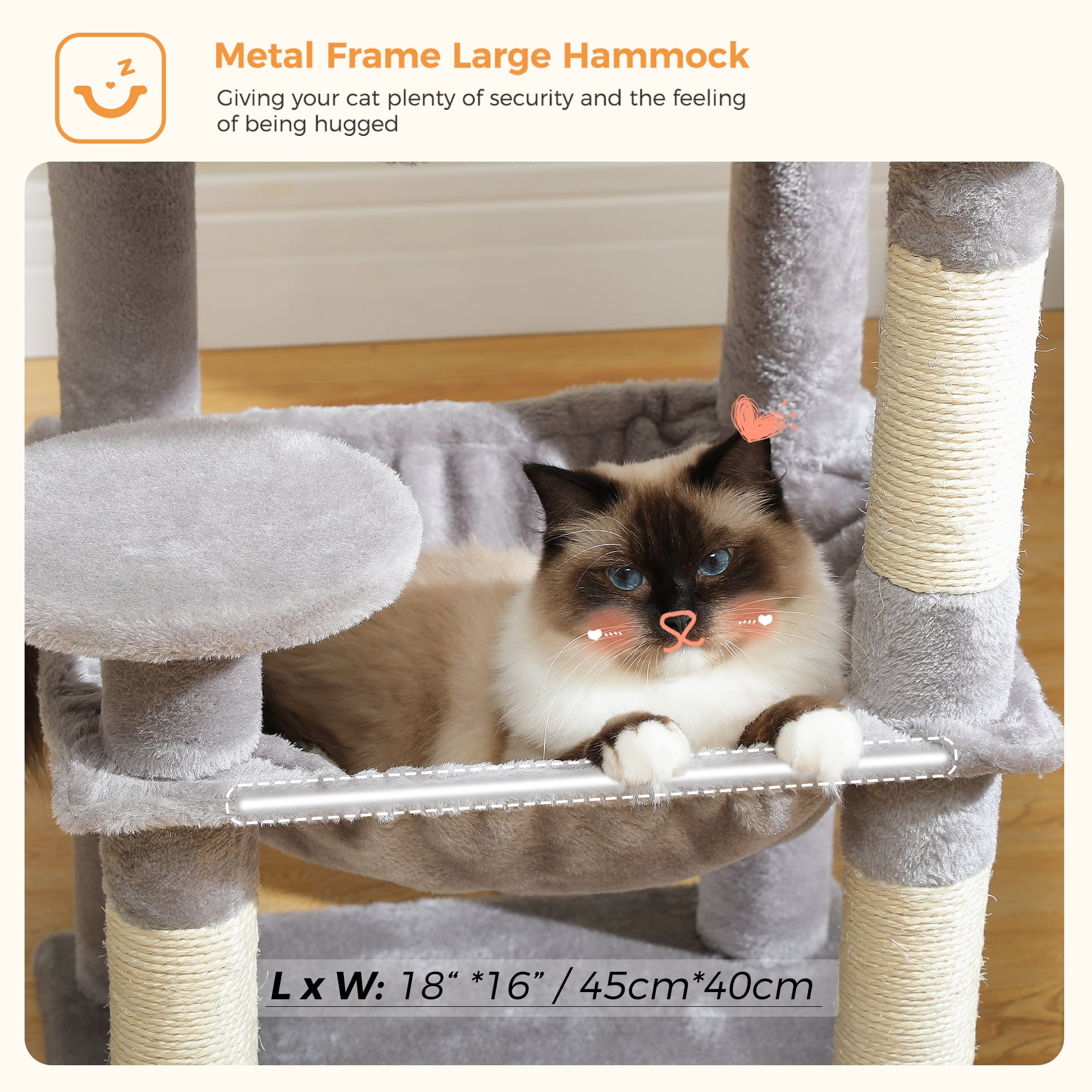 PEQULTI 45.7" Multi-Level Cat Tree Large Cat Tower Indoor with Condo and Hommock Light Gray - Image 6