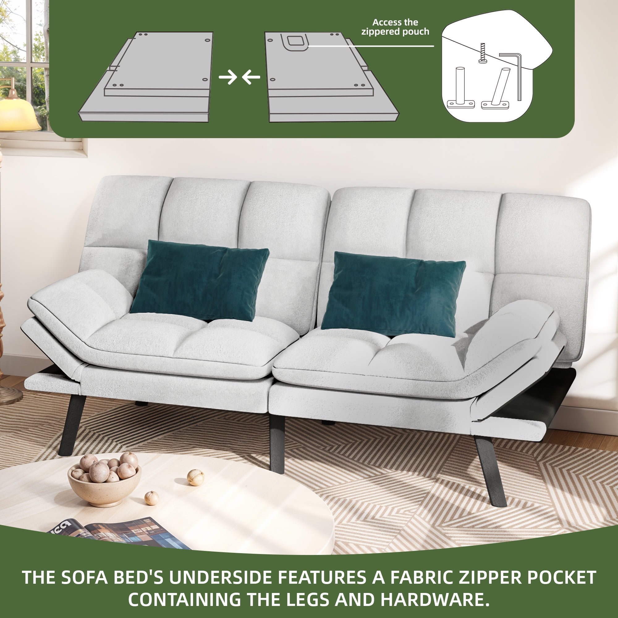 Uforic 70" Deep Futon Convertible Sofa Bed with Adjustable Backrest and Armrest, Cat-Scratch-Proof Fabric Sleeper Couch, Beige - Image 7