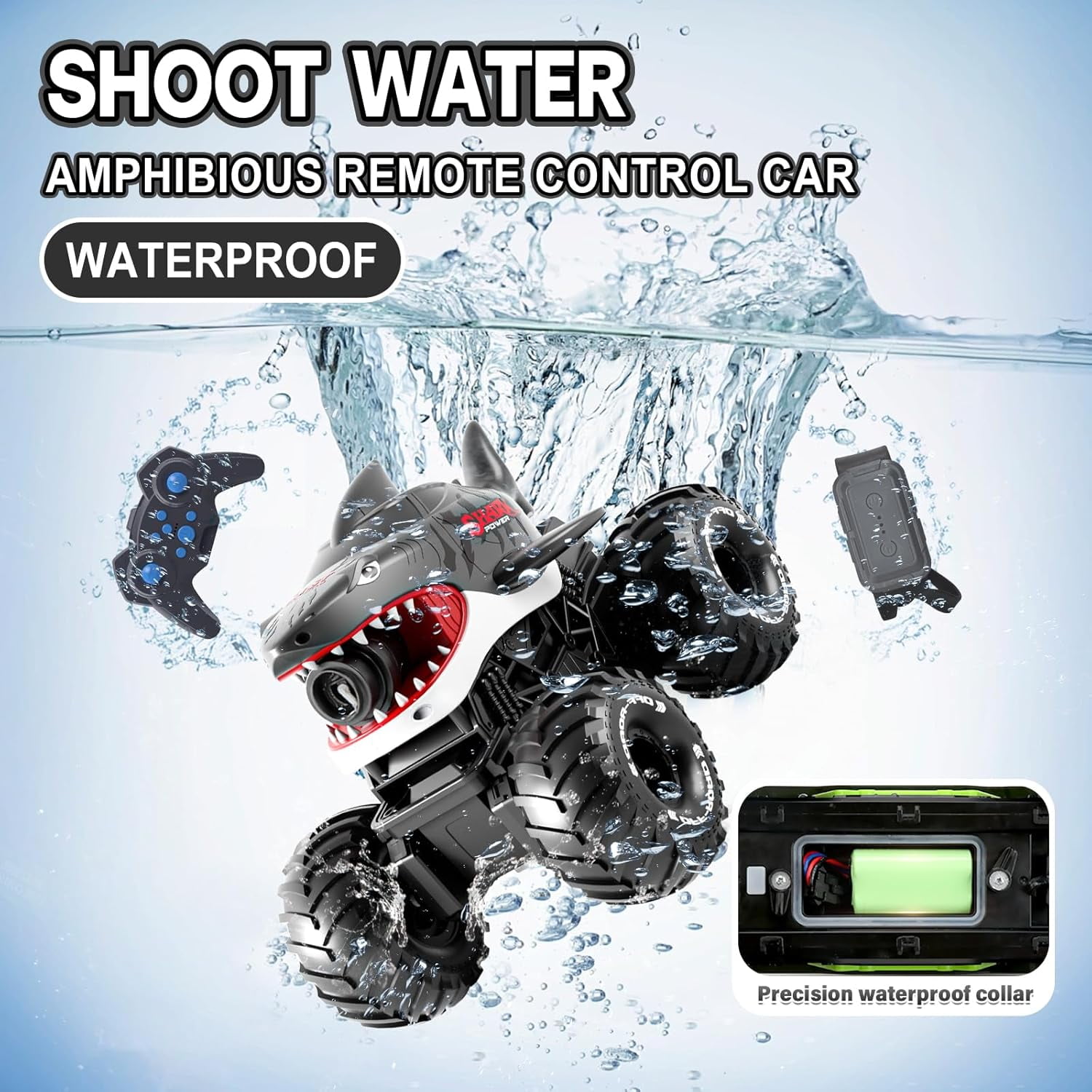 Adofi Amphibious Remote Control Car, 4WD All-Terrain Off-Road Water Toys, 2.4GHz Shooting Waterproof RC Monster Truck, Toys for Boys 3 6 Years - Gray - Image 5