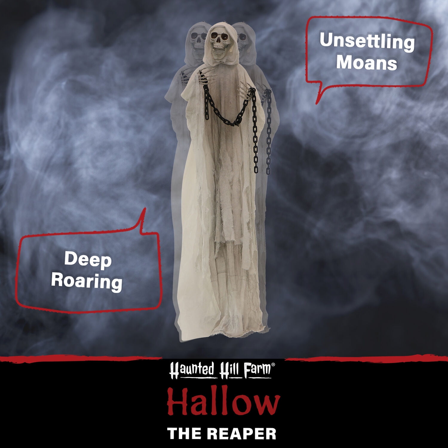 Haunted Hill Farm 6.25 ft Reaper with Chains Dressed in White/Gray Cloak, Indoor/Covered Outdoor Halloween Decoration, HHRPR-10FLSA - Image 2