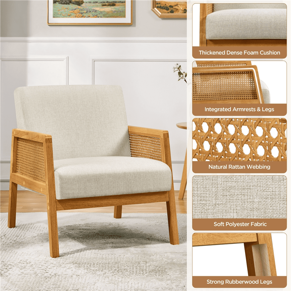 Renwick Fabric Upholstered Accent Chair with Rattan Sides for Living Rooms,Beige - Image 5