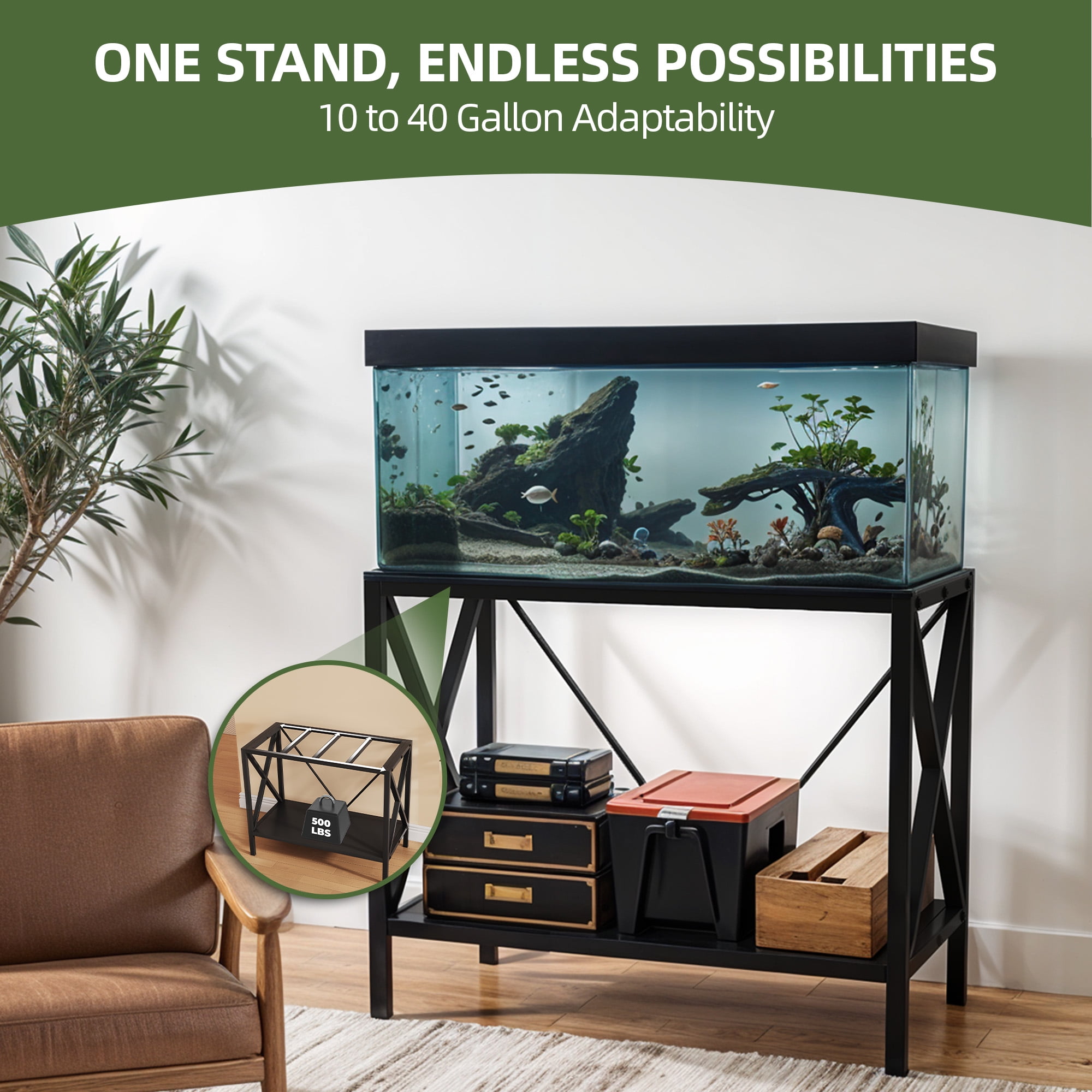Uforic X-Shape 10-40 Gallon Double-Layer Storage Metal Fish Tank Stand, 500 Lbs Capacity, Black - Image 6