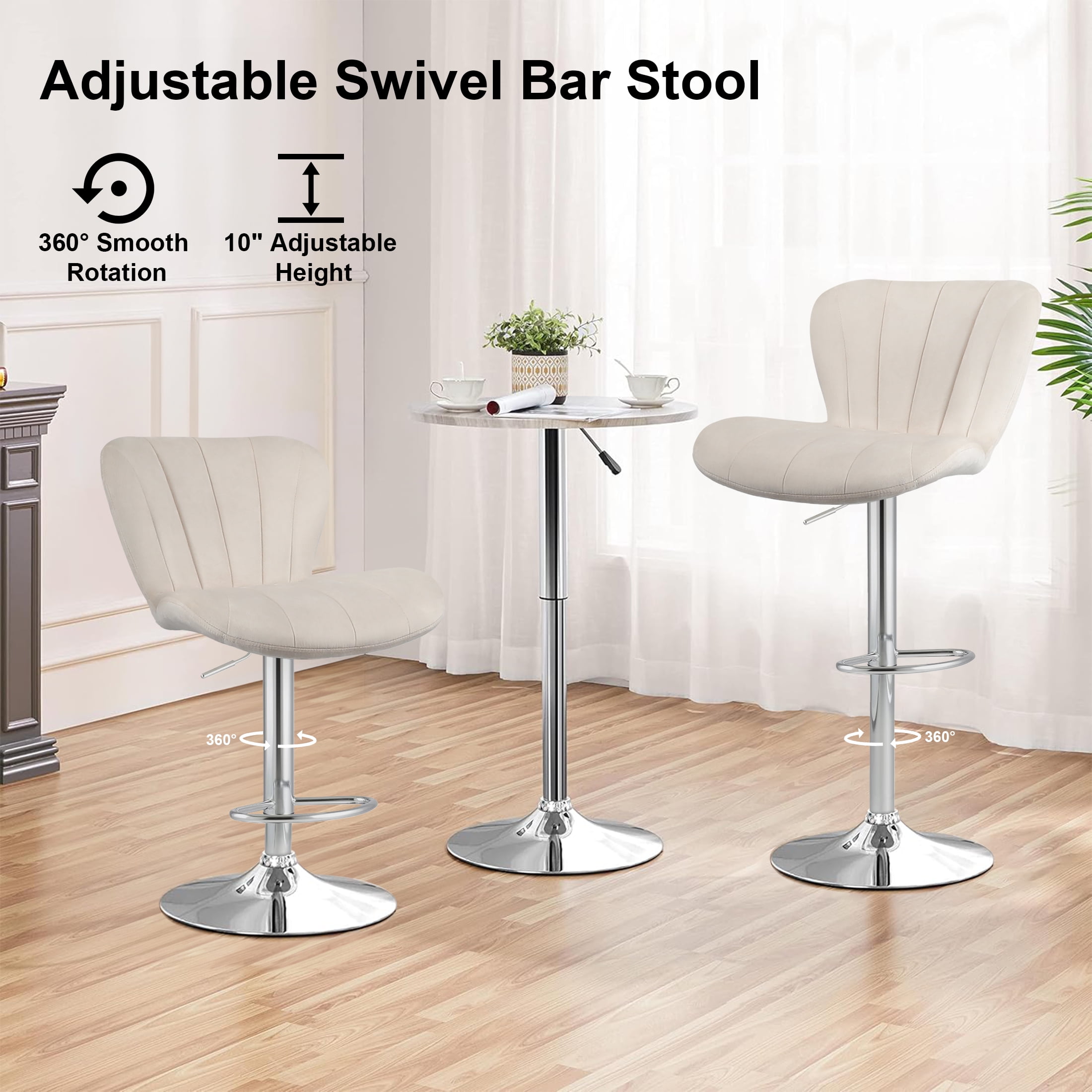 Nefoso Bar Stools Set of 2,Adjustable Bentwood Barstools,Velvet Leather Upholstered Bar Chair with Back and Footrest, for Bar, Kitchen, Dining Room,Beige - Image 2