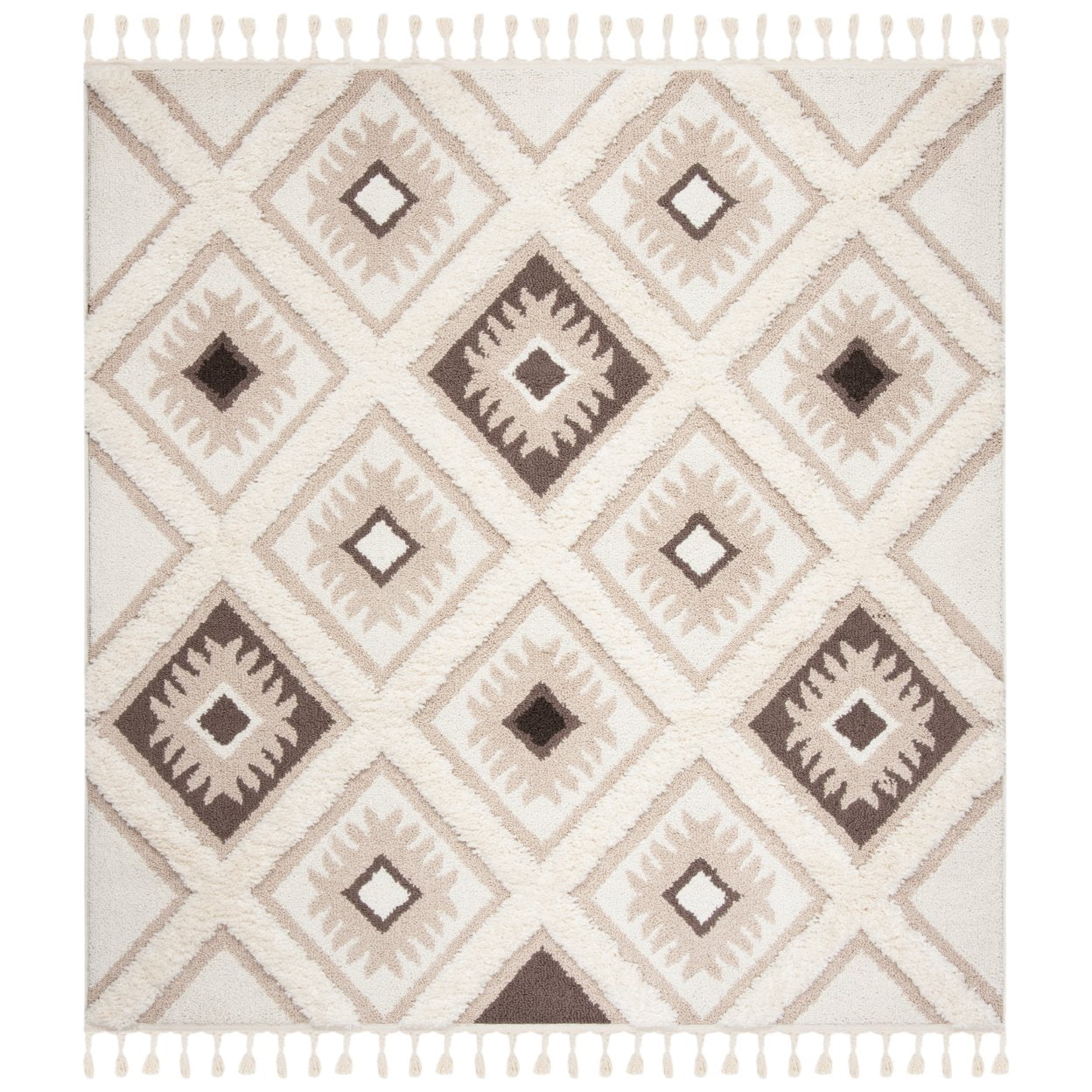 SAFAVIEH Moroccan Tassel Shag Elsie Moroccan Geometric Area Rug, Ivory/Brown, 5'3" x 7'6" - Image 4