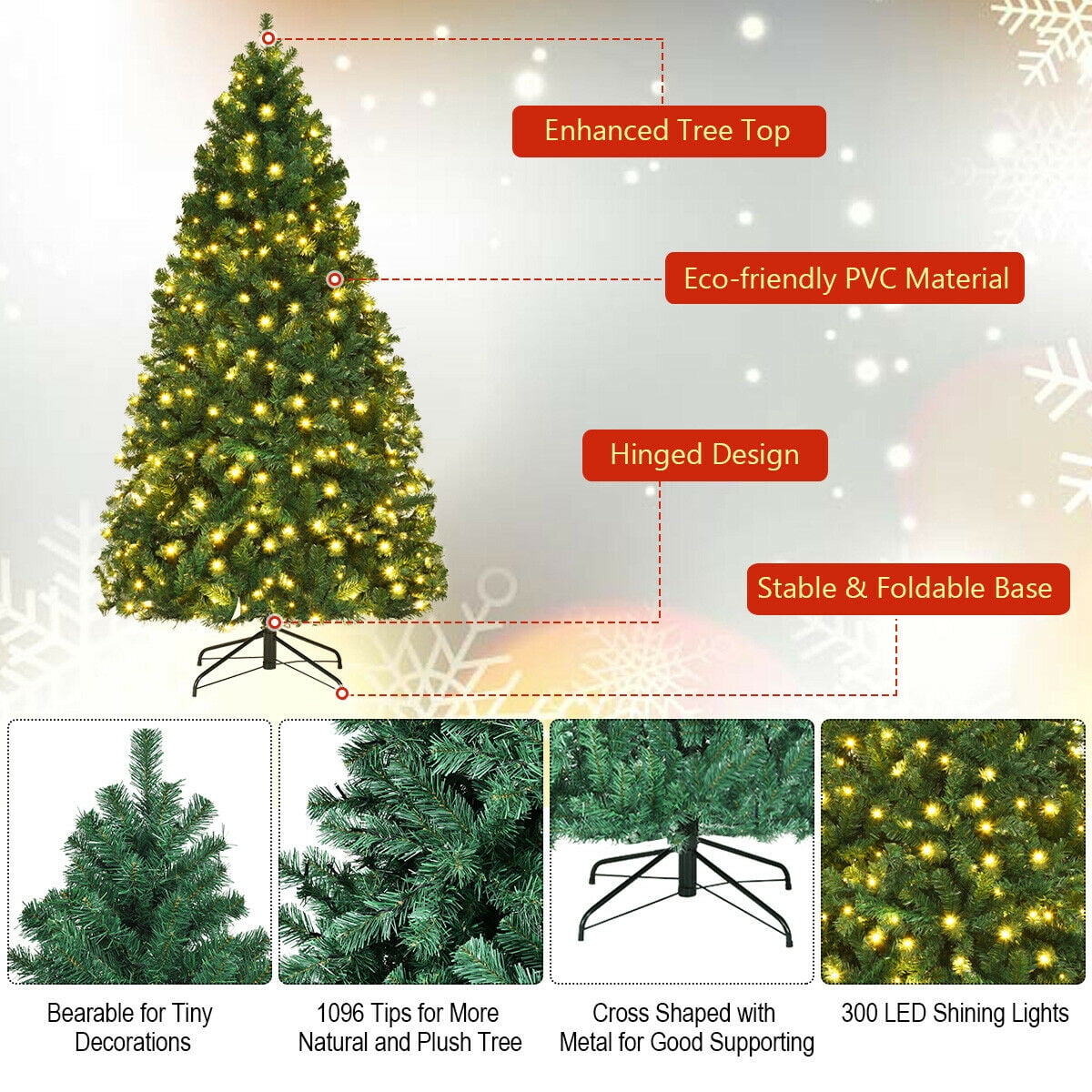 Gymax Pre-Lit PVC 7' Artificial Christmas Tree Hinged LED Lights Metal Stand - Image 6