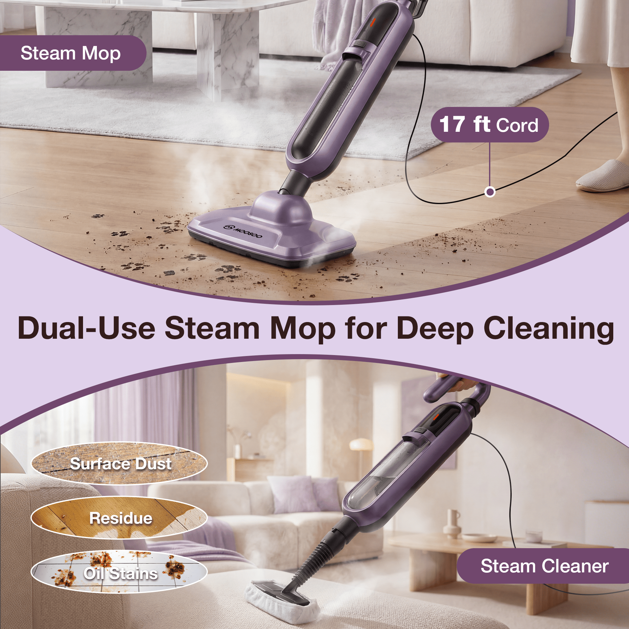 Maircle All-in-1 Steam Mop Cleaner, 17oz Large Water Tank, Detachable Steam Cleaner for Hardwood Tile Grout, Furniture, Purple - Image 5