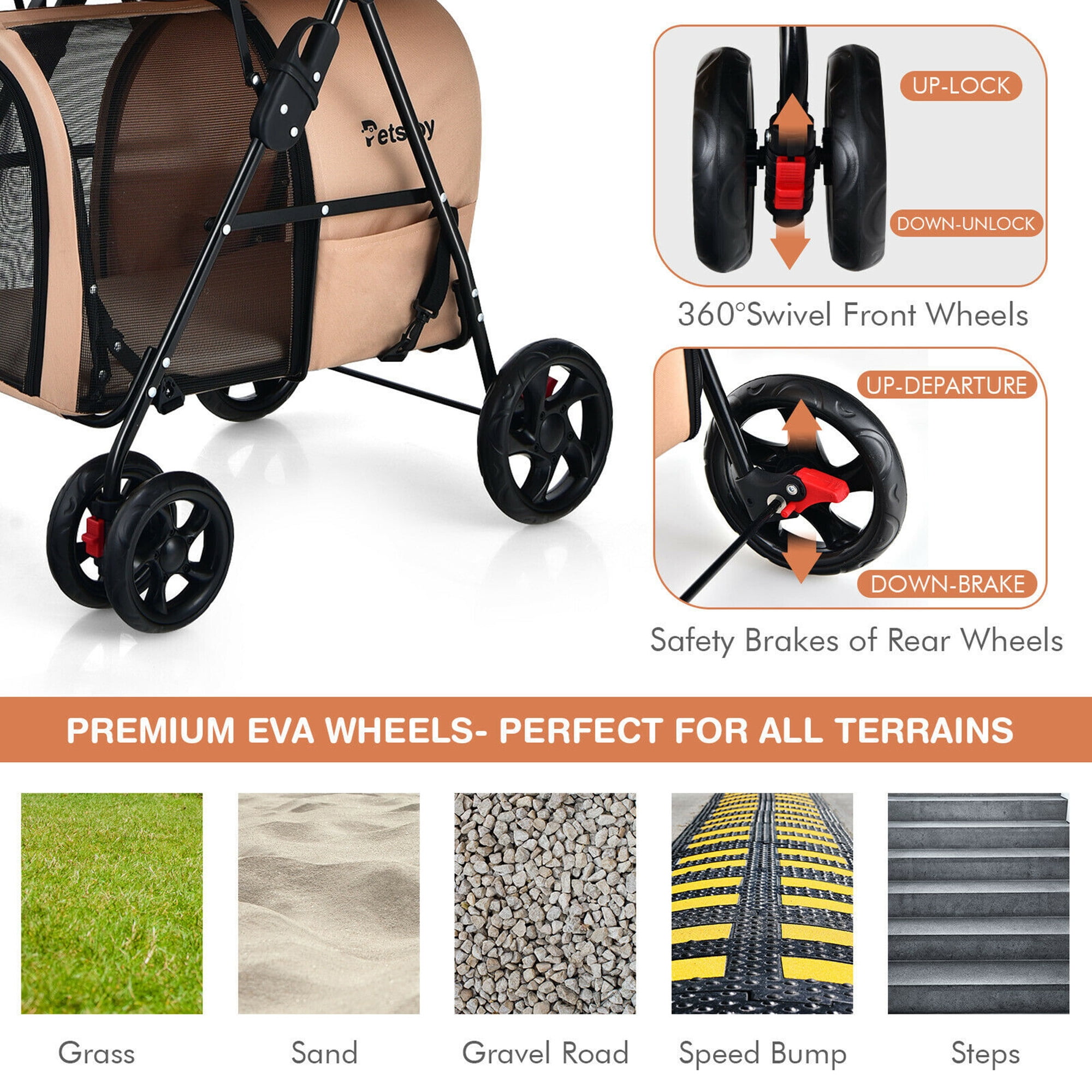 Gymax 4-in-1 Double Pet Stroller w/ Detachable Carrier Travel Carriage for Cats Beige - Image 7