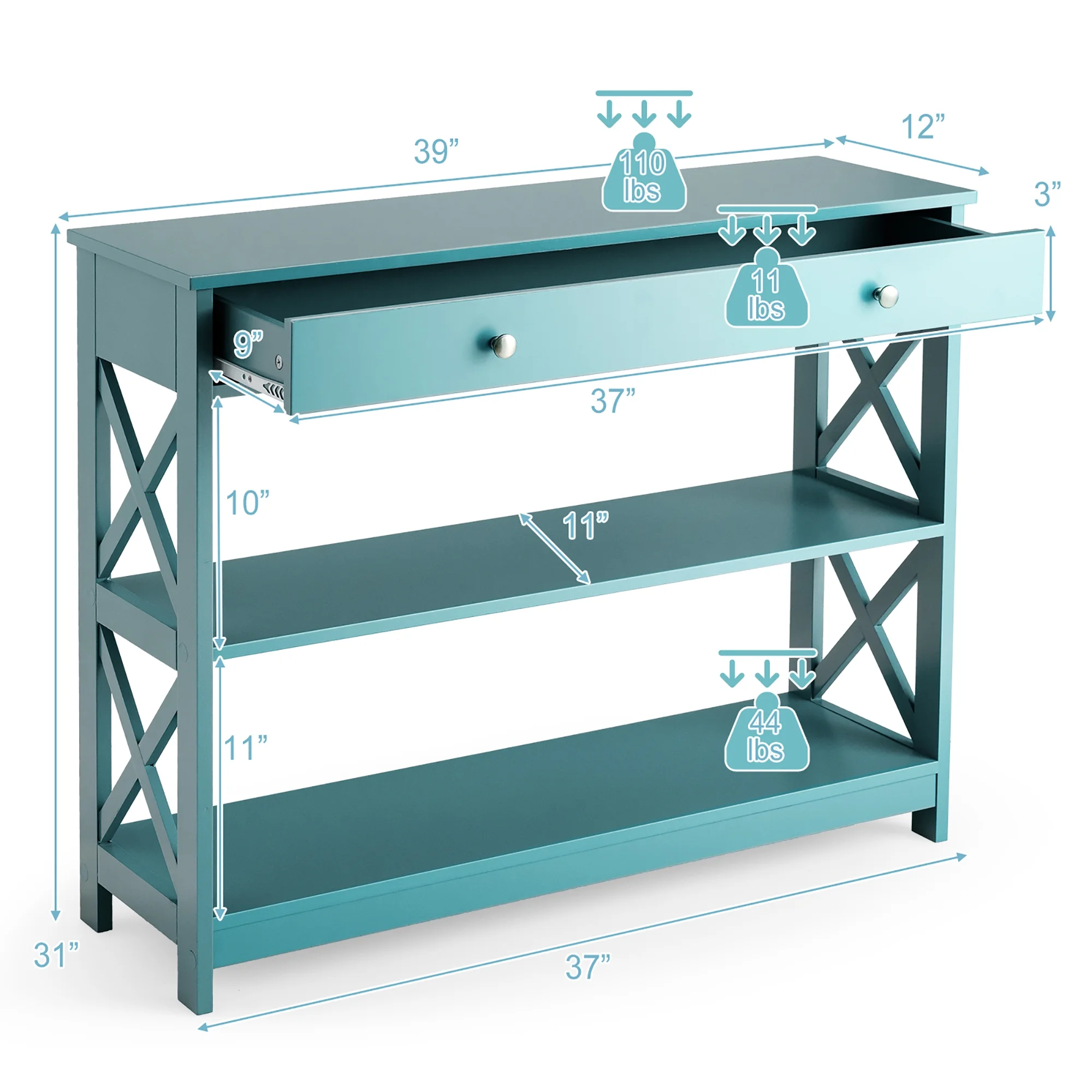 Costway 3-Tier Console Table X-Design Sofa Entryway Table with Drawer & Shelves Turquoise - Image 9