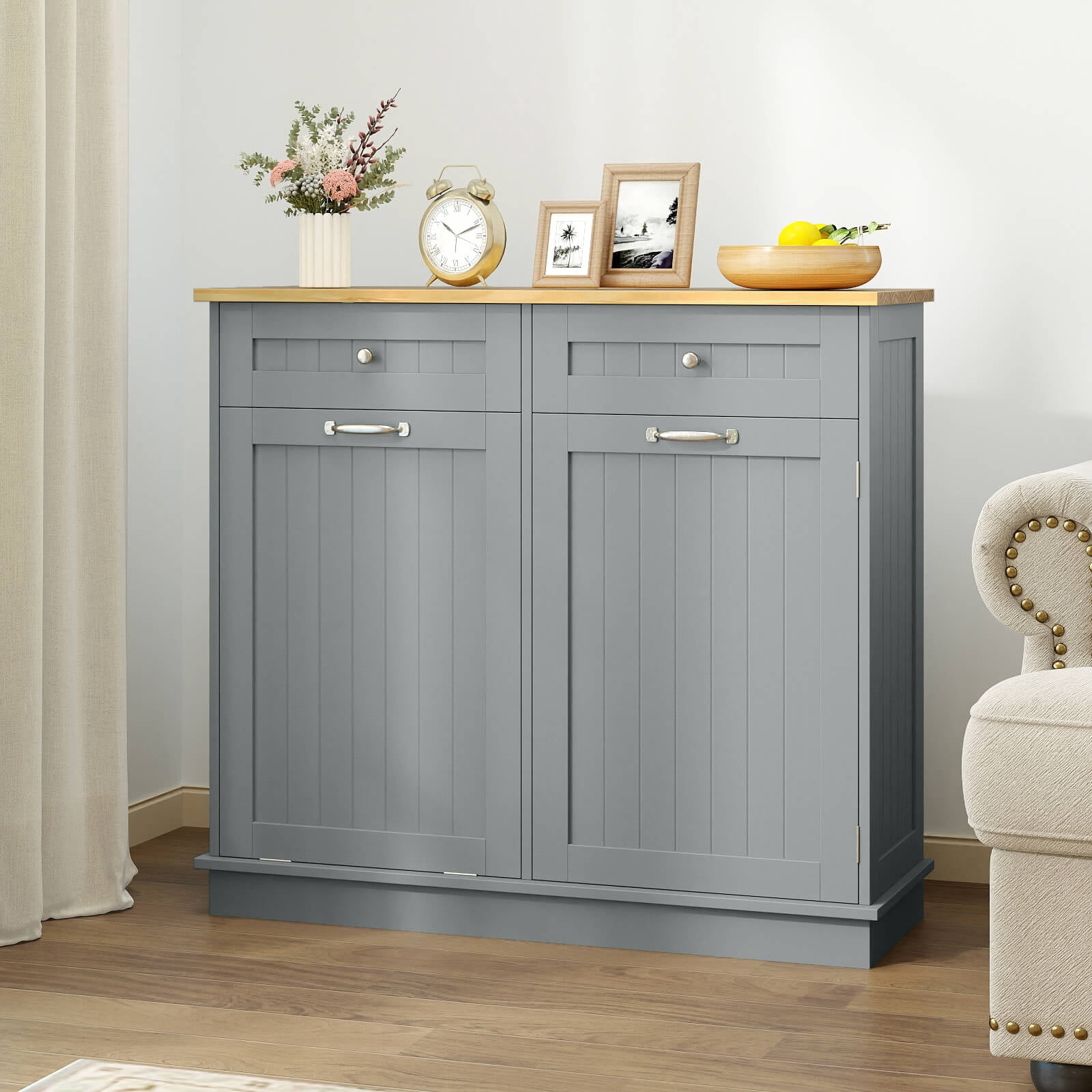 Costway 15.5 Gallon Kitchen Tilt Out Trash Cabinet Rubber Wood Tabletop 2 Drawers Shelf Gray - Image 2