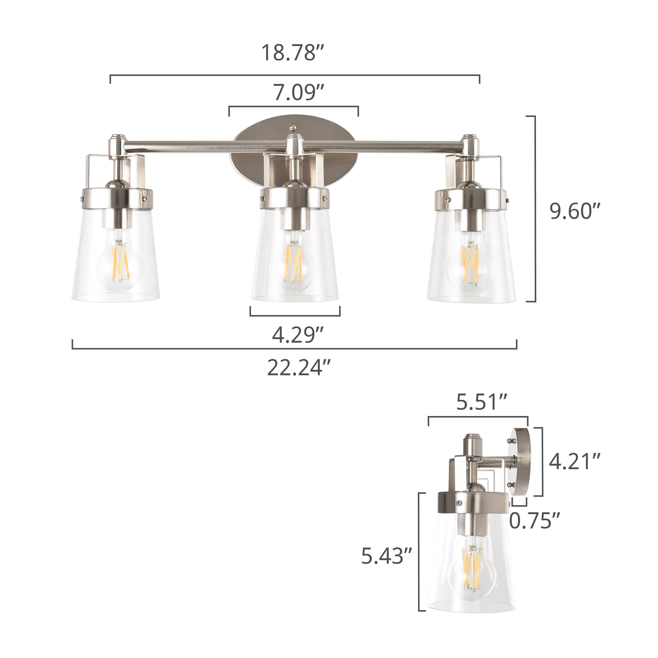 Better Homes & Gardens 22" Contemporary 3-Head Vanity Light, Satin Nickel Finish Clear Glass Shades - Image 4