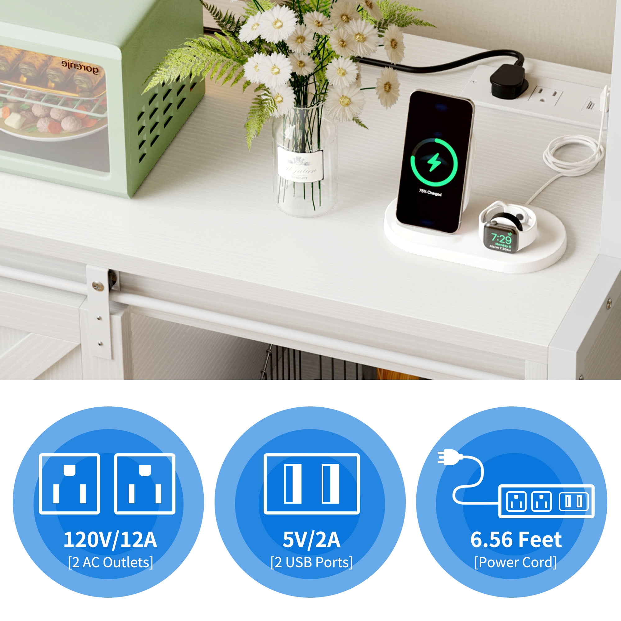 Dextrus Kitchen Baker's Rack with Power Outlet & LED Light, Microwave Stand with Door, White - Image 3