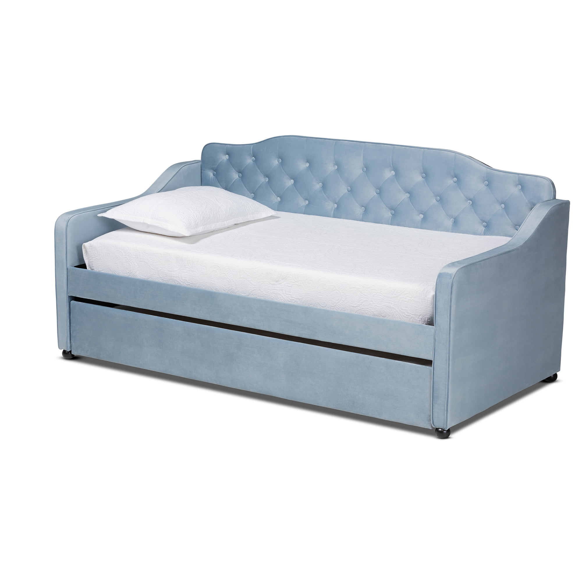 Baxton Studio Freda Transitional and Contemporary Light Blue Velvet Upholstered and Button Tufted Twin Size Daybed with Trundle - Image 10
