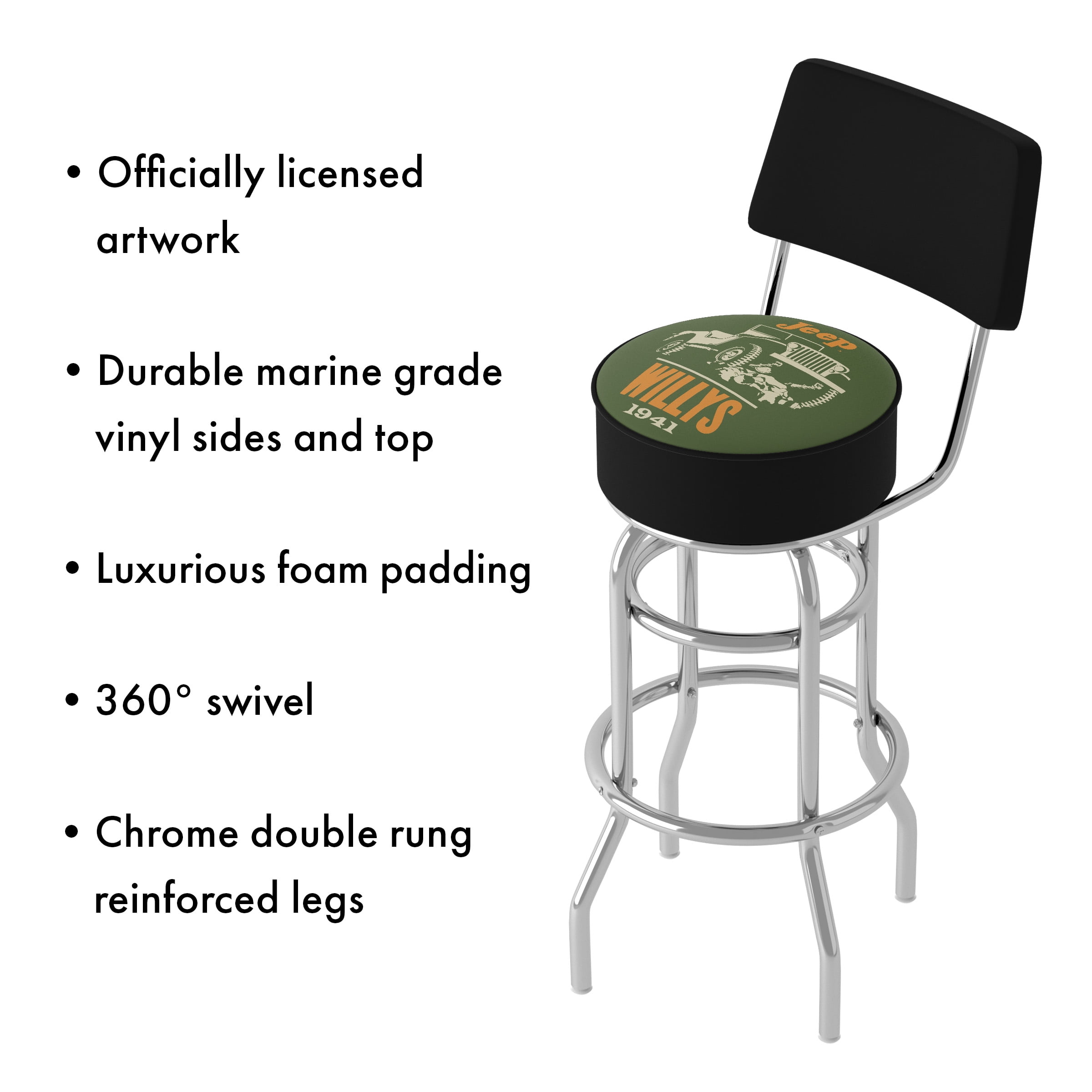 Trademark Gameroom Jeep Willys Green Bar Stool with Back Rest - Image 2