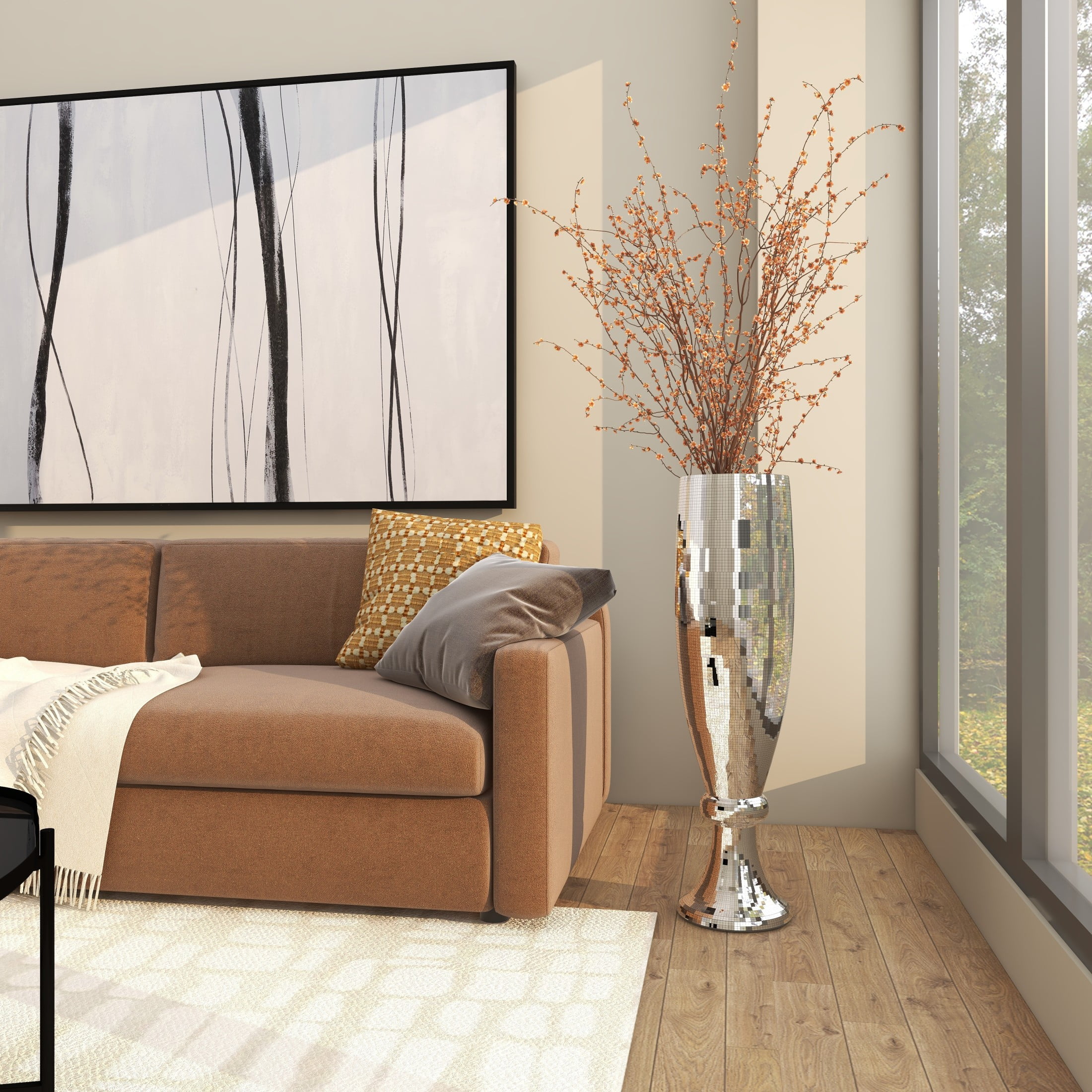 DecMode 33" Tall Champagne Flute Shape Silver Polystone Vase with Mosaic Mirror Inlay - Image 8