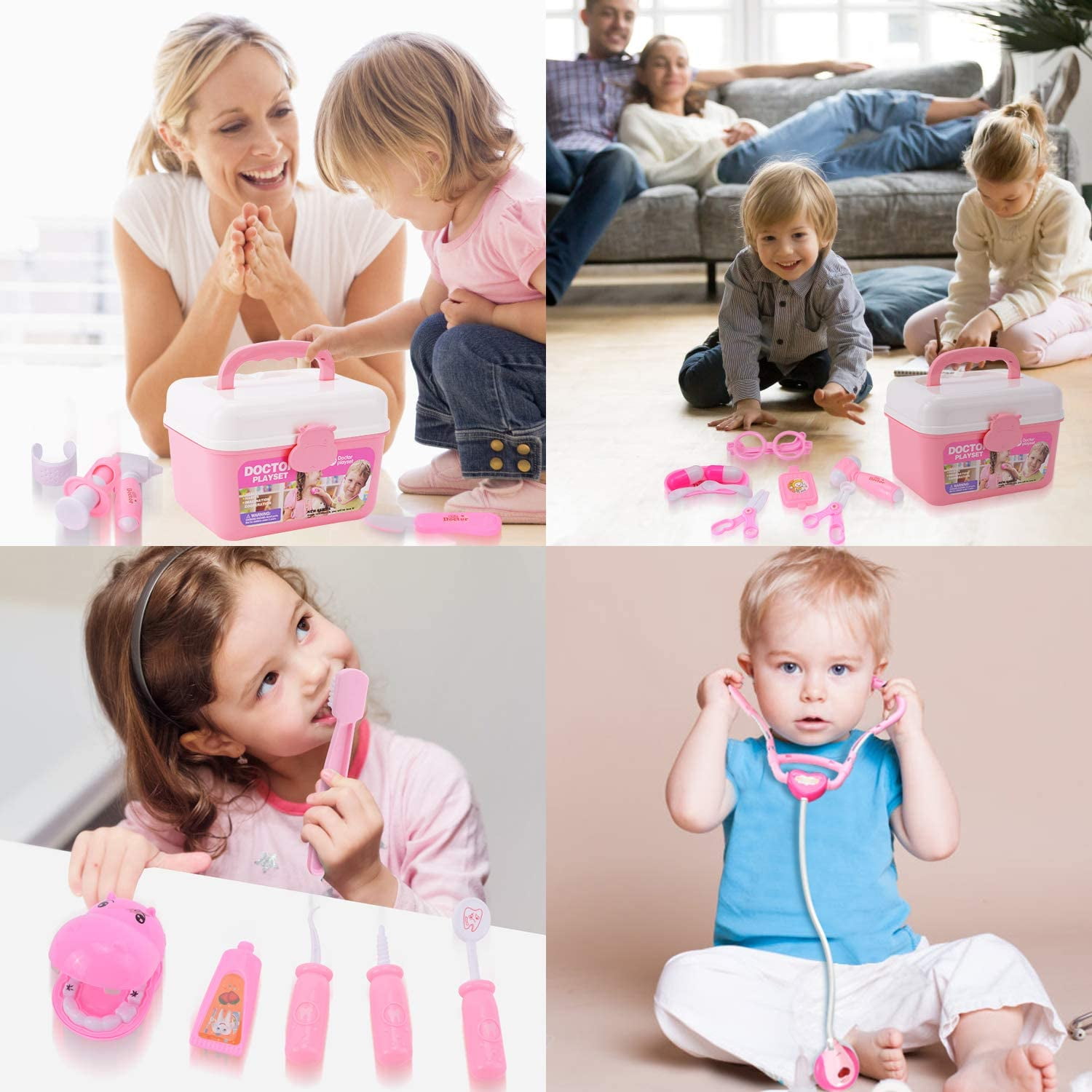 44 Pieces Educational Doctor Pretend Play Toy Set Dentist Medical Kit with Storage Box & Lights & Sounds for Doctor Roleplay-Pink - Image 3