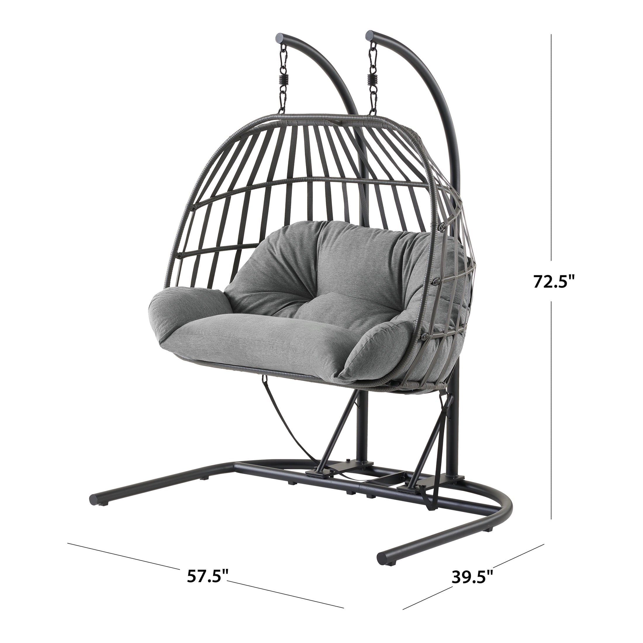 Mainstays Wicker Outdoor Patio Double Hanging Egg Chair with Gray Olefin cushion, and Black Metal Stand - Image 2