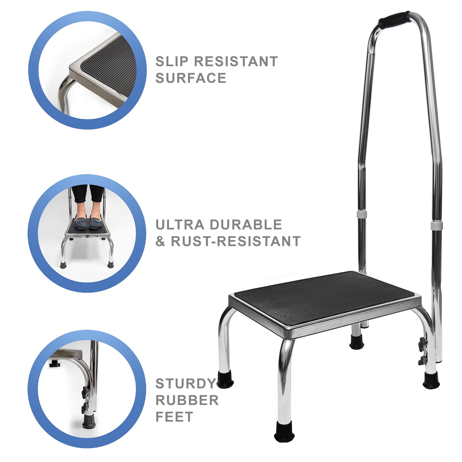 Vaunn Medical Foot Step Stool with Handle and Anti Skid Rubber Platform, Lightweight and Sturdy Stool for Children, Adults and Seniors, Chrome - Image 3