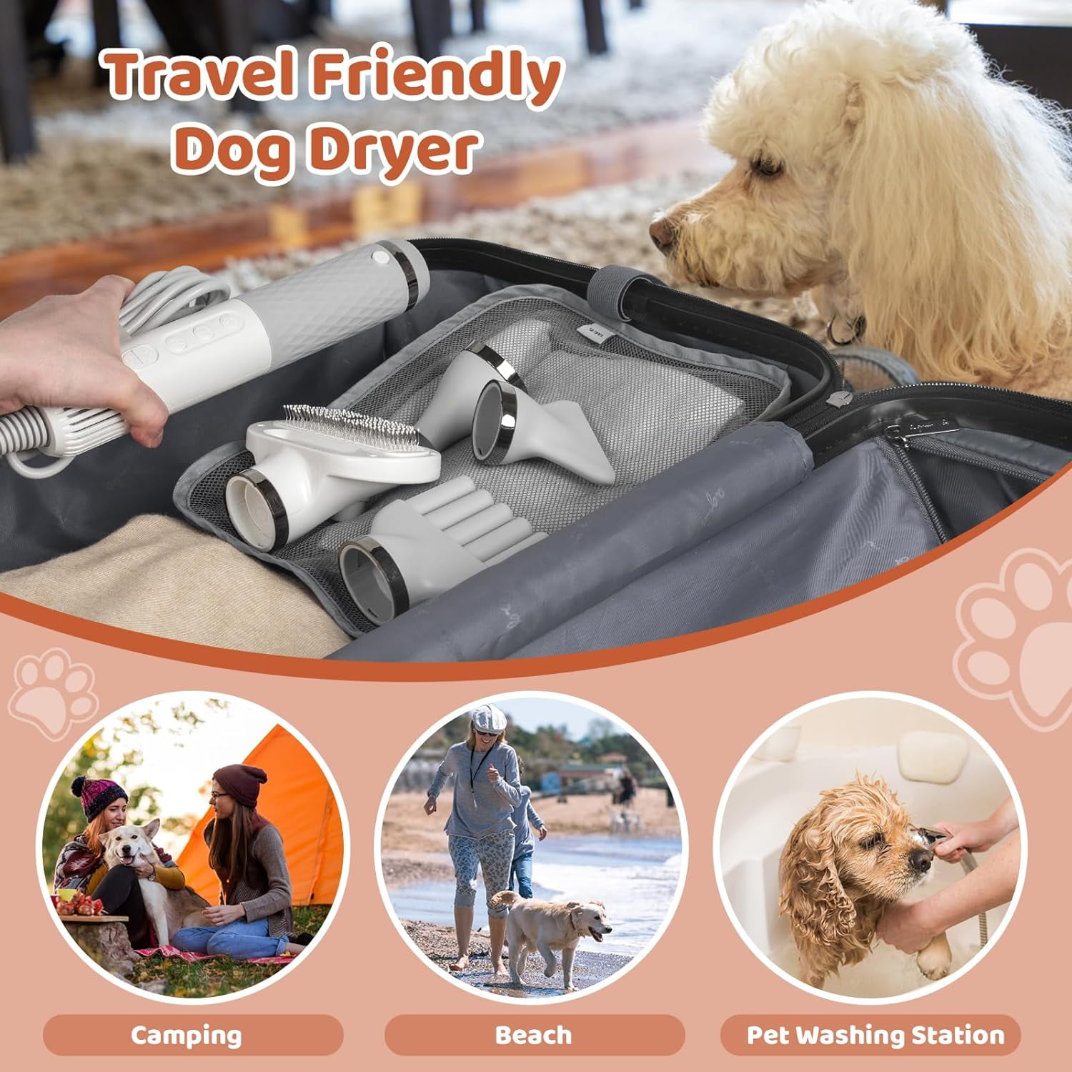 HQinX 5 in 1 Dog Hair Dryer with 4 Heads,Portable Dog Blower Grooming Dryer,High Velocity Blow Dryer for Dogs,Quiet & Smart Temperature Control,for Home & Travel - Image 3