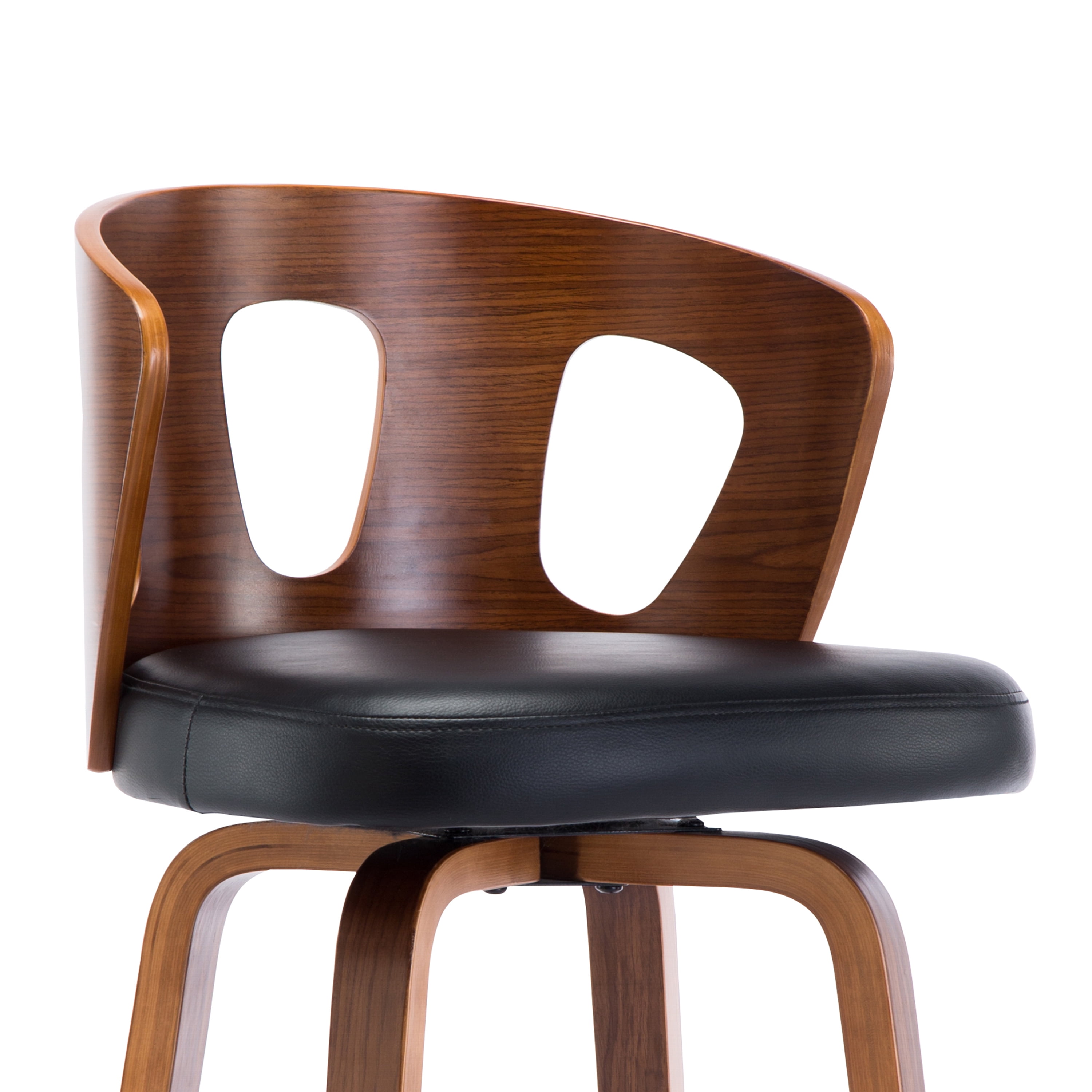 Wood and Black Faux Leather Mid-Century Modern Swivel Barstool with Decorative Back 26-Inch Seat Height - Image 6