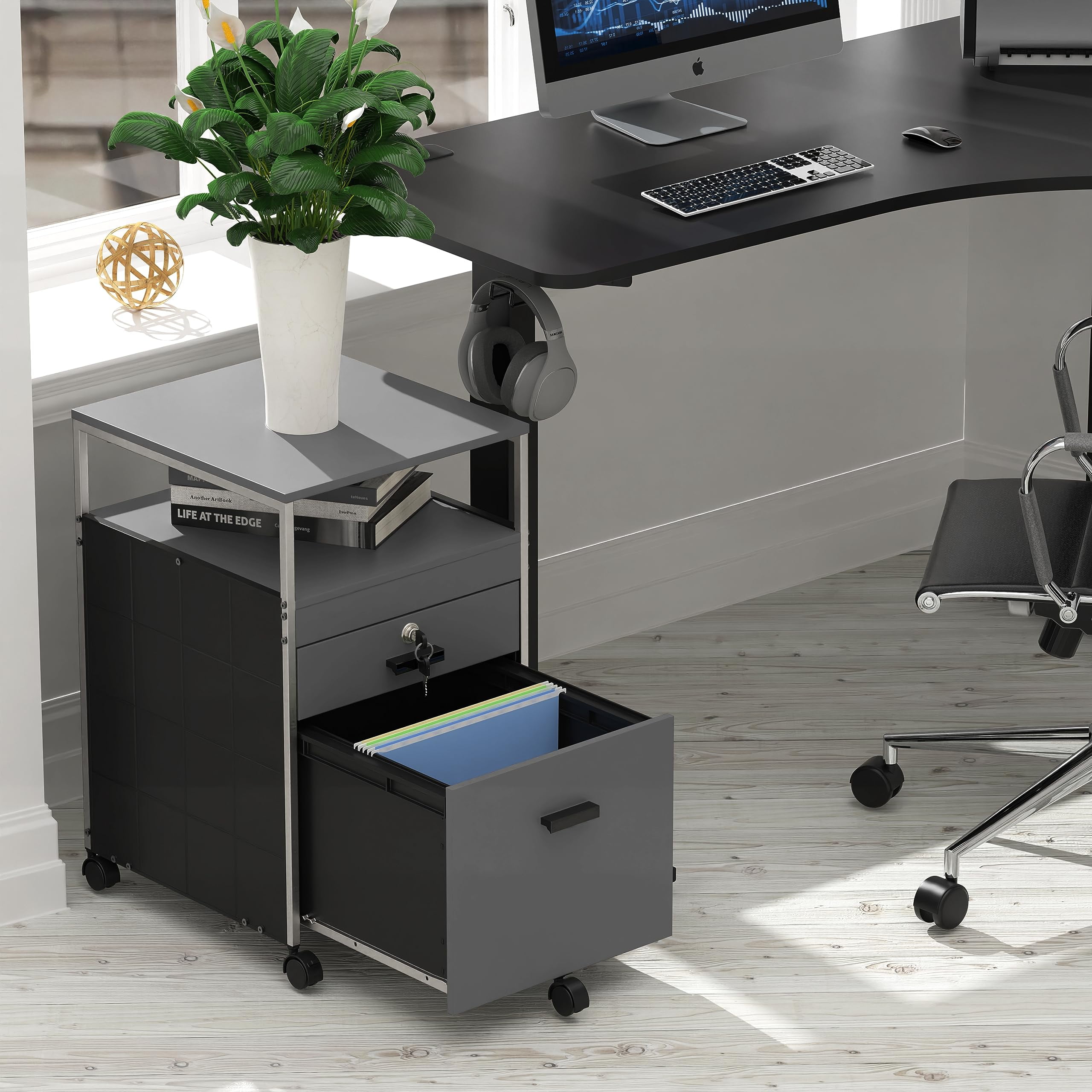 SHW Rolling File Cabinet, Engineered Wood Gray - Image 4