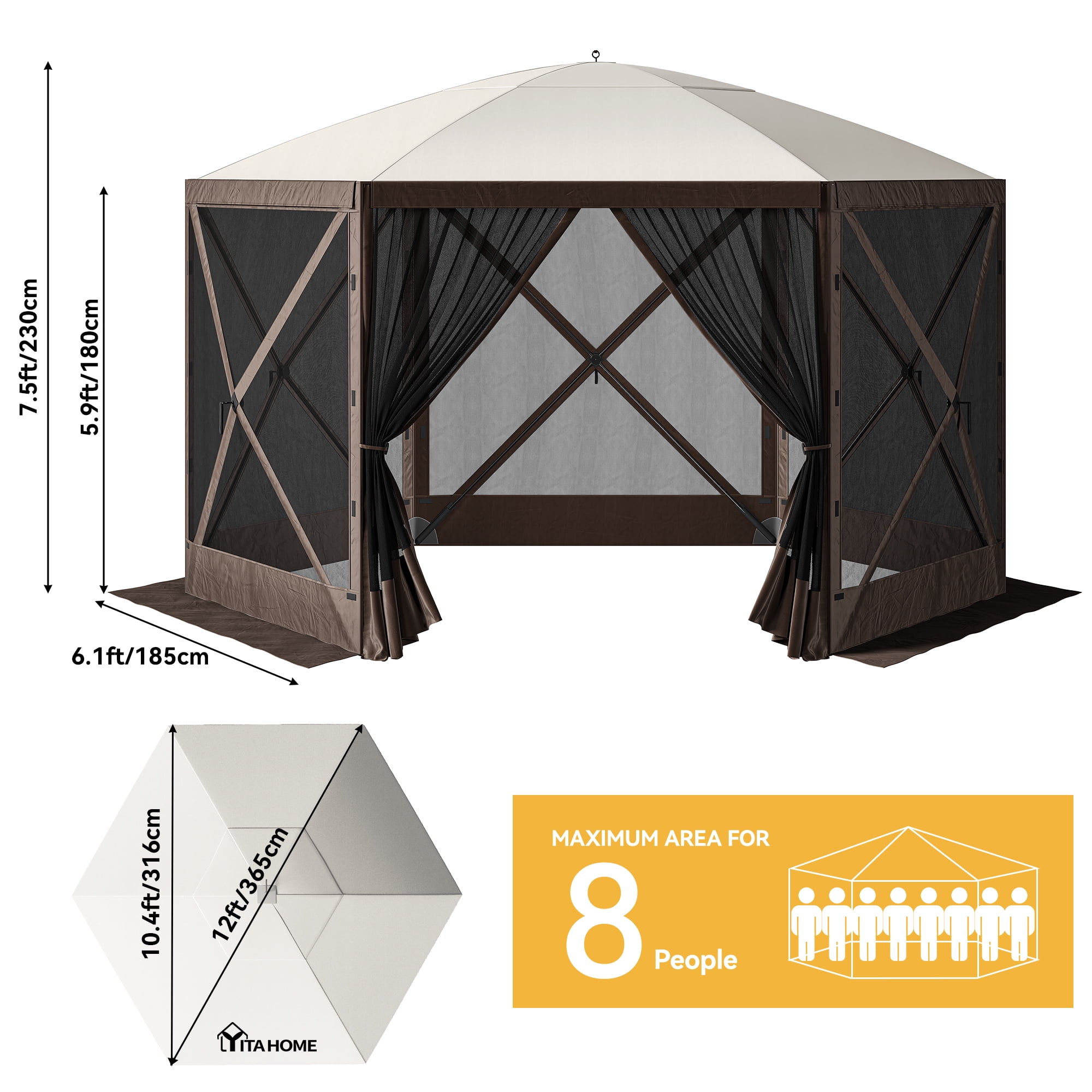 Dextrus 12x12ft Camping Gazebo, Portable Pop Up Canopy Outdoor Screen Tent 6 Sided with Mesh Windows and Carry Bag for Camping, Picnic, Backyard Party Outside Activities, Brown - Image 4