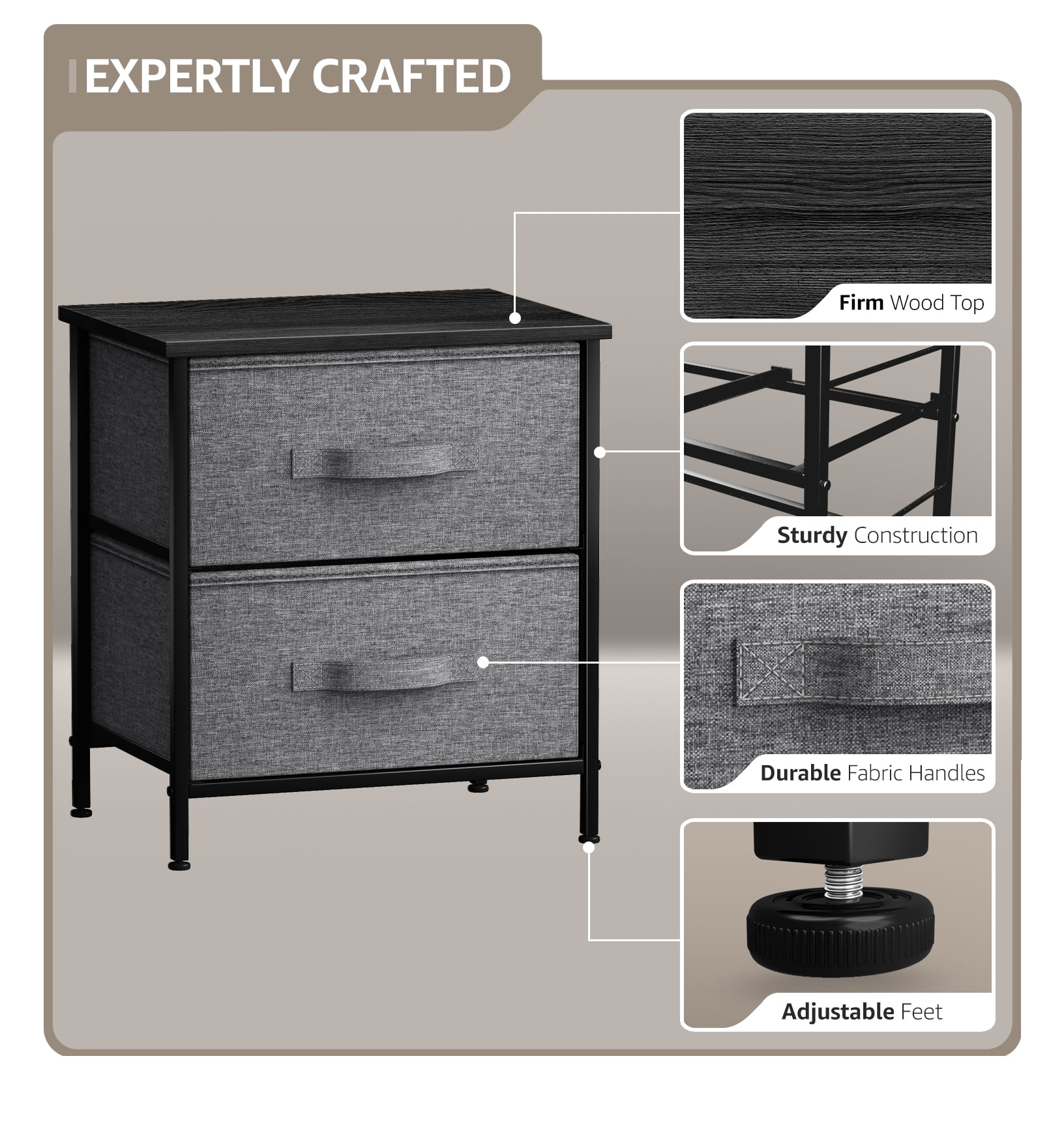 Sorbus Classic 2 Drawers Nightstand with Steel Frame and Wood Top in Black - Image 5