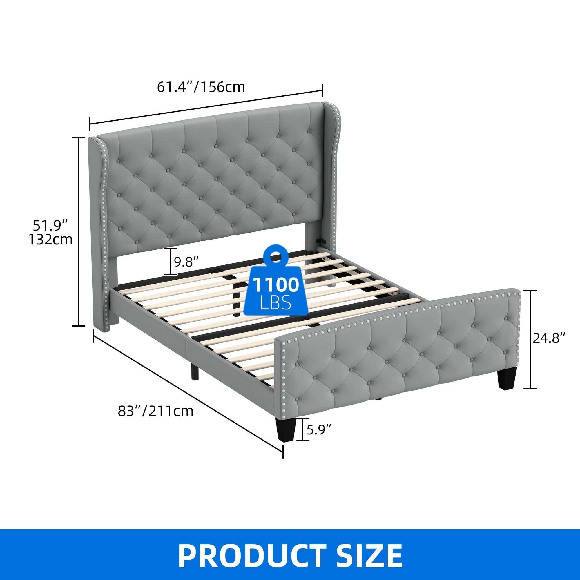 Dextrus Upholstered Bed Frame Queen Size, Platform Bed Base with Velvet Headboard & Footboard, Wingback Upholstered Bed Frame Mattress Foundation, No Box Spring Needed, Grey - Image 6