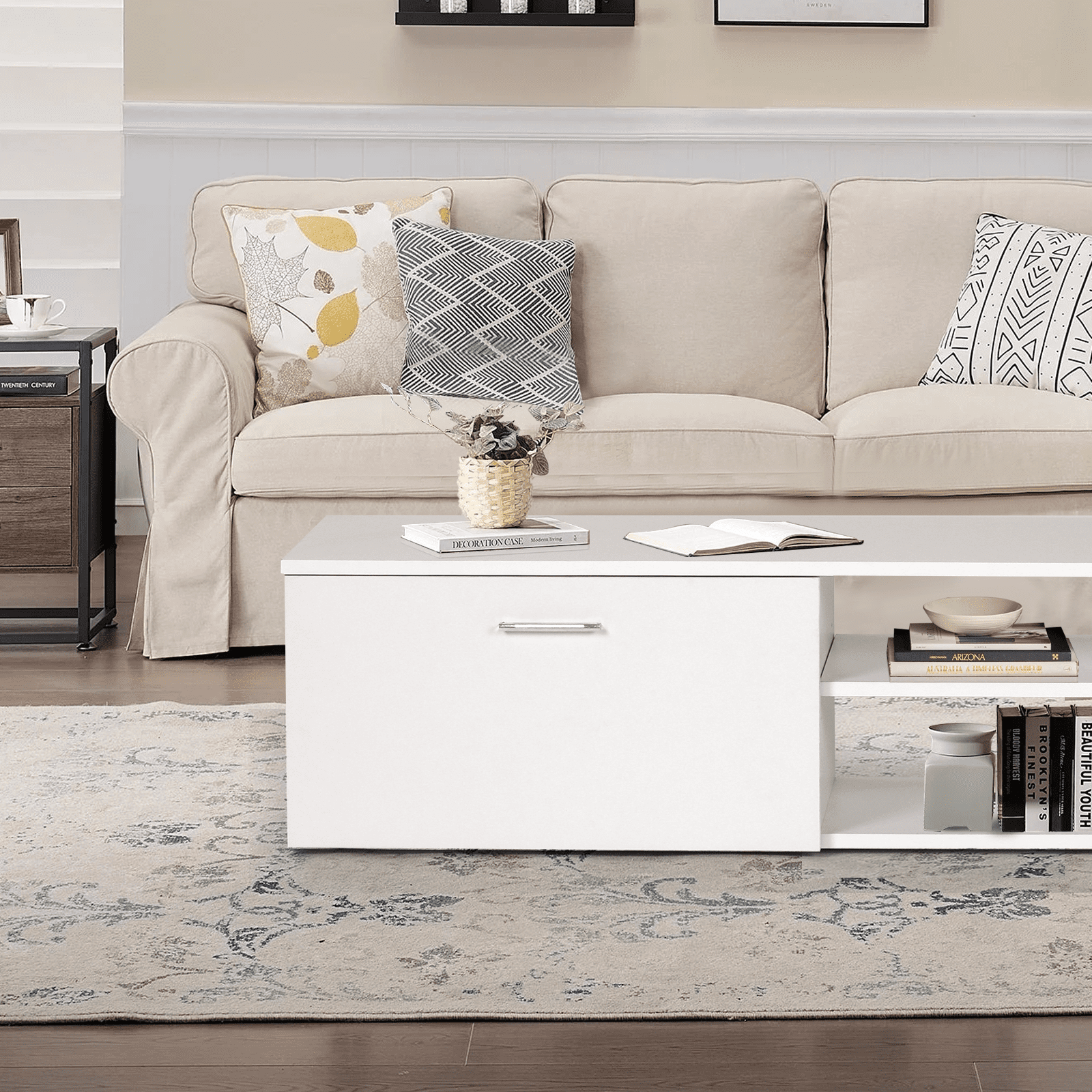 RichYa Modern TV Stand for 55/65/70 Inch TVs, 2 Storage Cabinets 2 Open Shelves, 2-in-1 TV Cabinet & Coffee Table for Home Decor, Media Cabinet for Living Room Bedroom, White - Image 7