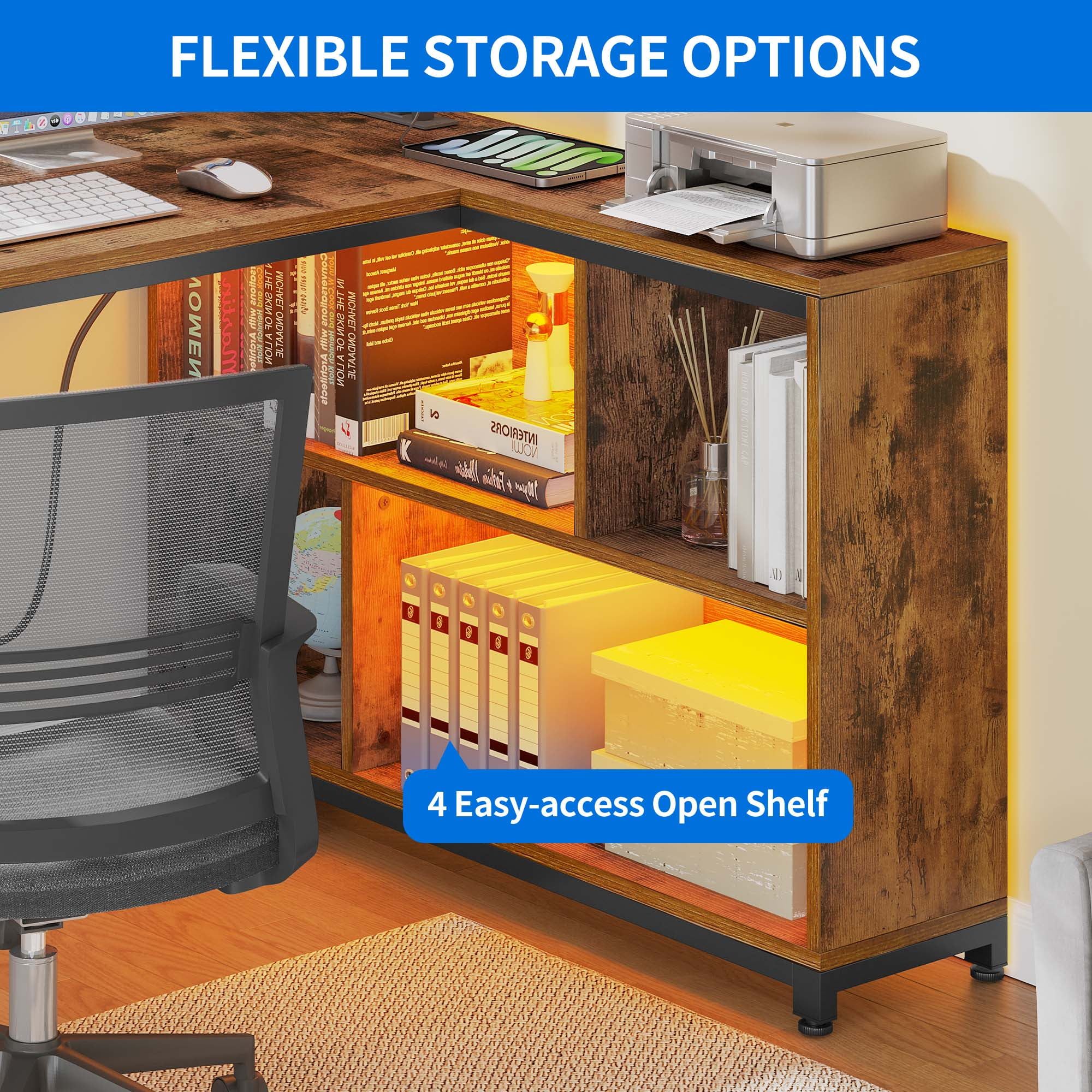 Dextrus L Shaped Desk with LED Light & Power Outlets, 55 Inch Reversible Corner Desk with Storage Shelves, Computer Desk Office Desk Executive Desk Writing Desk for Home Office, Brown - Image 2