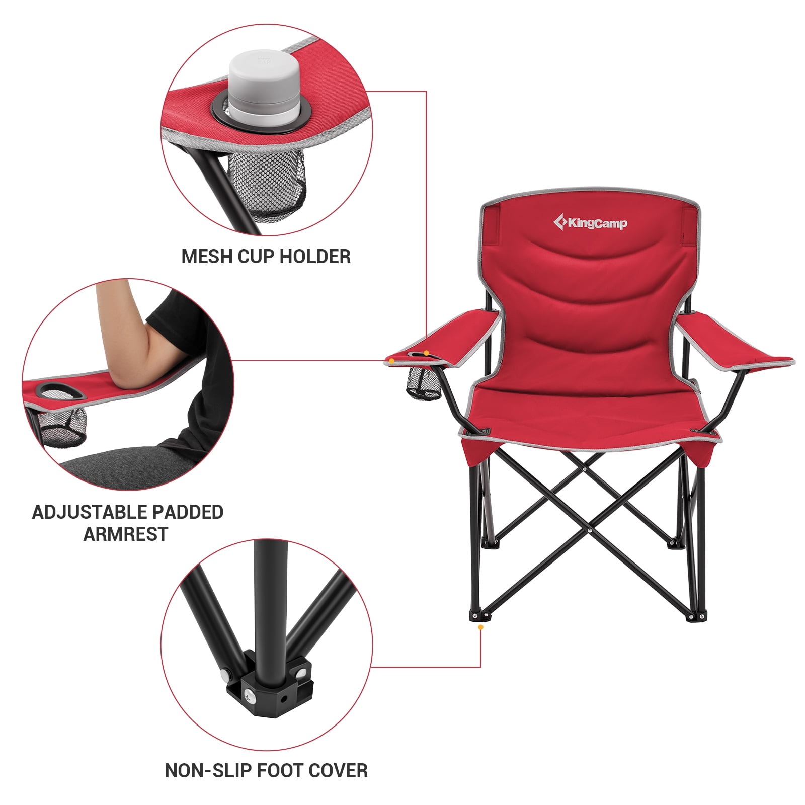 KingCamp Adult Oversized High-Back Folding Camping Chair - Padded Arms, Portable for Outdoor, Lawn, Beach & Red - Image 2