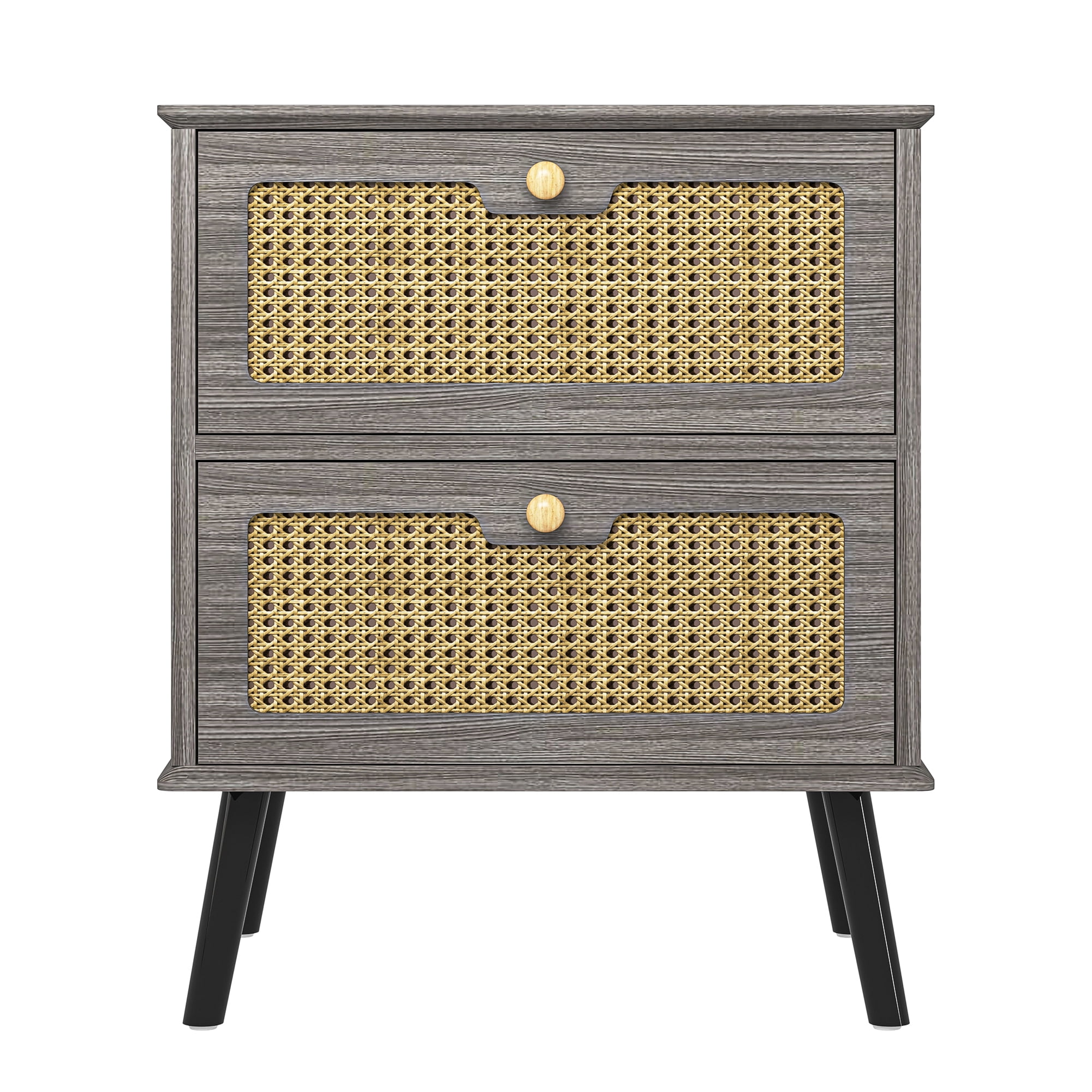 Hommoo 2 Rattan Drawers Nightstand, Modern Wood Side Table Bedside End Table, Night Stand Storage Cabinet for Living Room Bedroom, Gray - Image 3