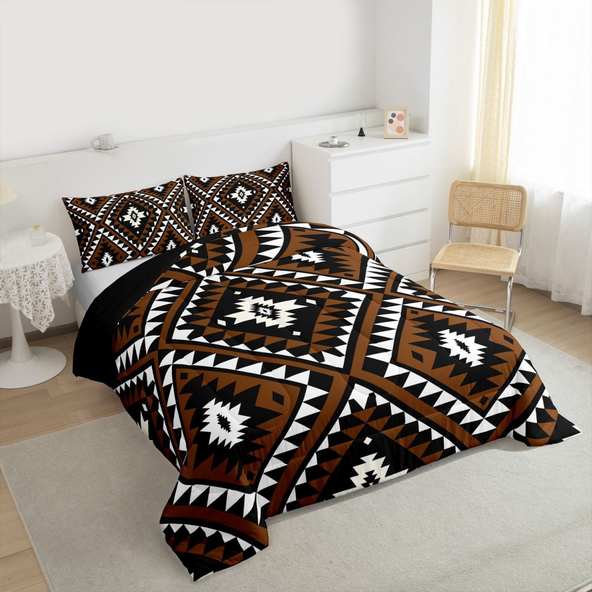 Rustic Western Twin Size Comforter Set For Men,Southwestern Aztec Bedding Set Bohemian Quilt Comforter Ethnic Mexican Geometric Diamond Duvet Insert Brown Black White Farmhouse Room Decor 2 Pcs - Image 7