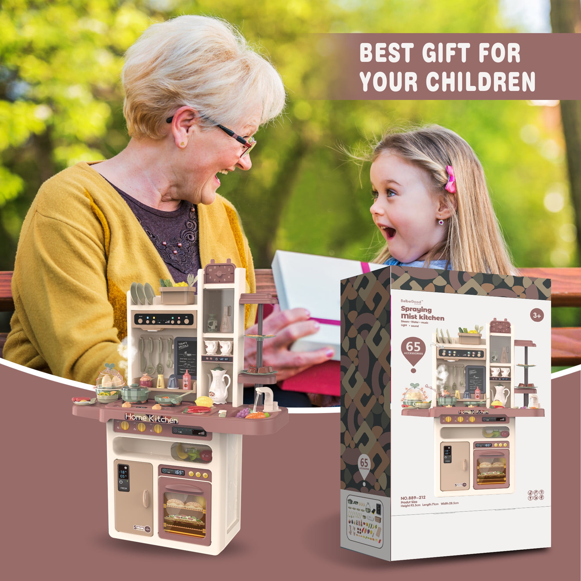 Yexmas Play Kitchen, 37"H Kids Kitchen Playset with Real Sounds & Lights,Pretend Play Food Toys,Play Sink,Cooking Stove with Steam,Toddler Kitchen Toy Gift for Boys and Grlis, 65PCS - Image 4