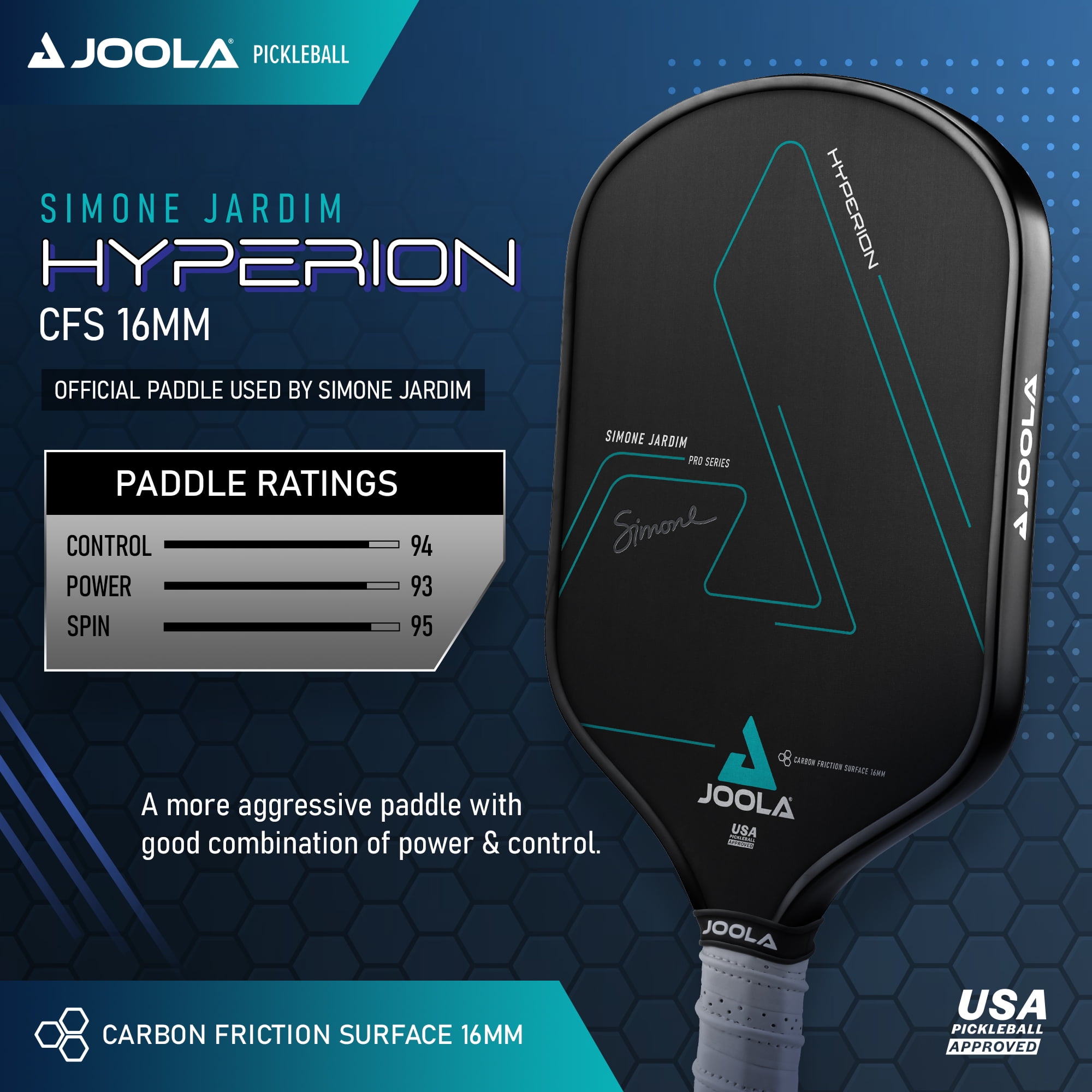 JOOLA Simone Jardim Hyperion CFS 16mm Pickleball Paddle, Black, 7.9 oz - Image 5
