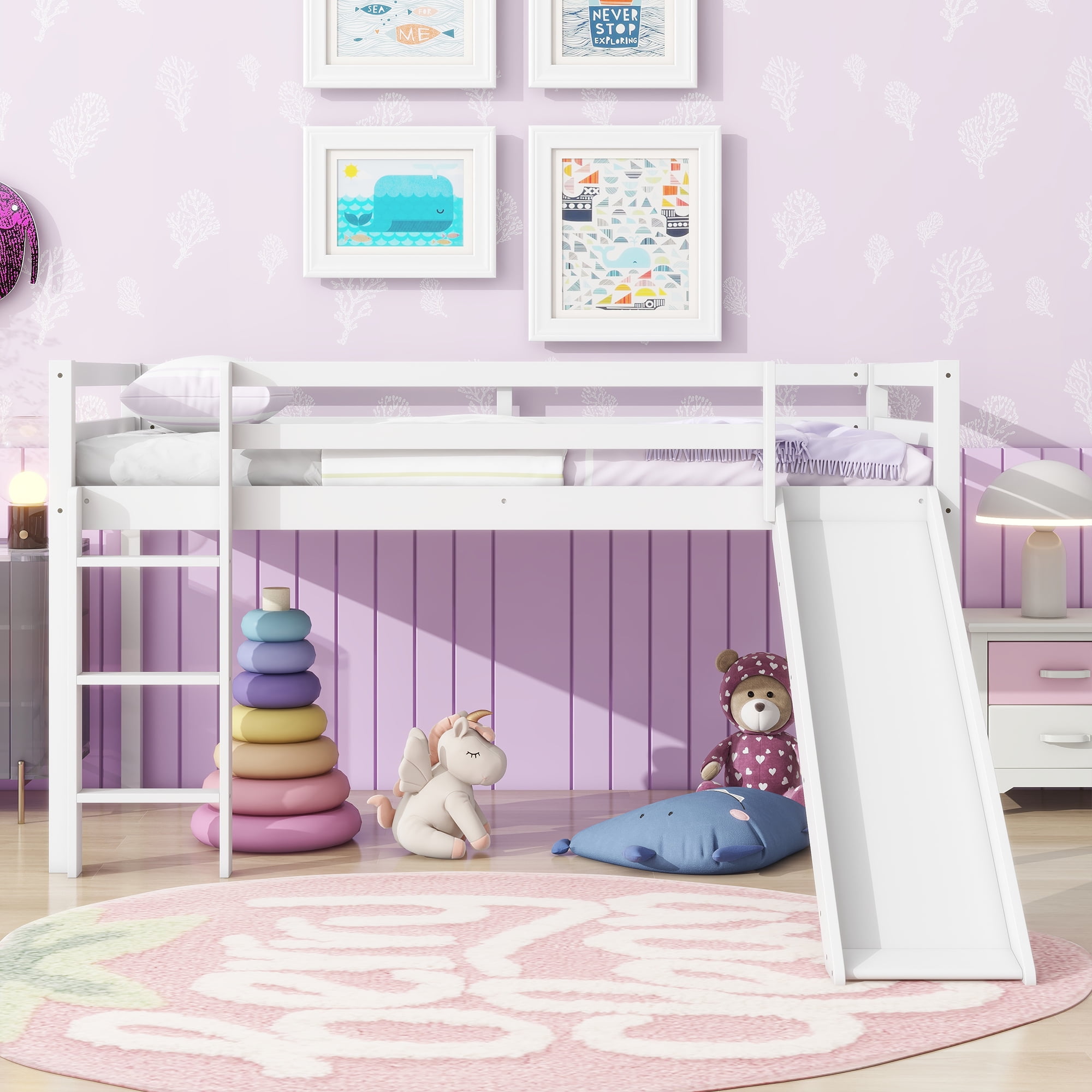 Miniyam Wood Twin Size Loft Bed with Slide, Guardrails and Ladder for Kids, White - Image 2