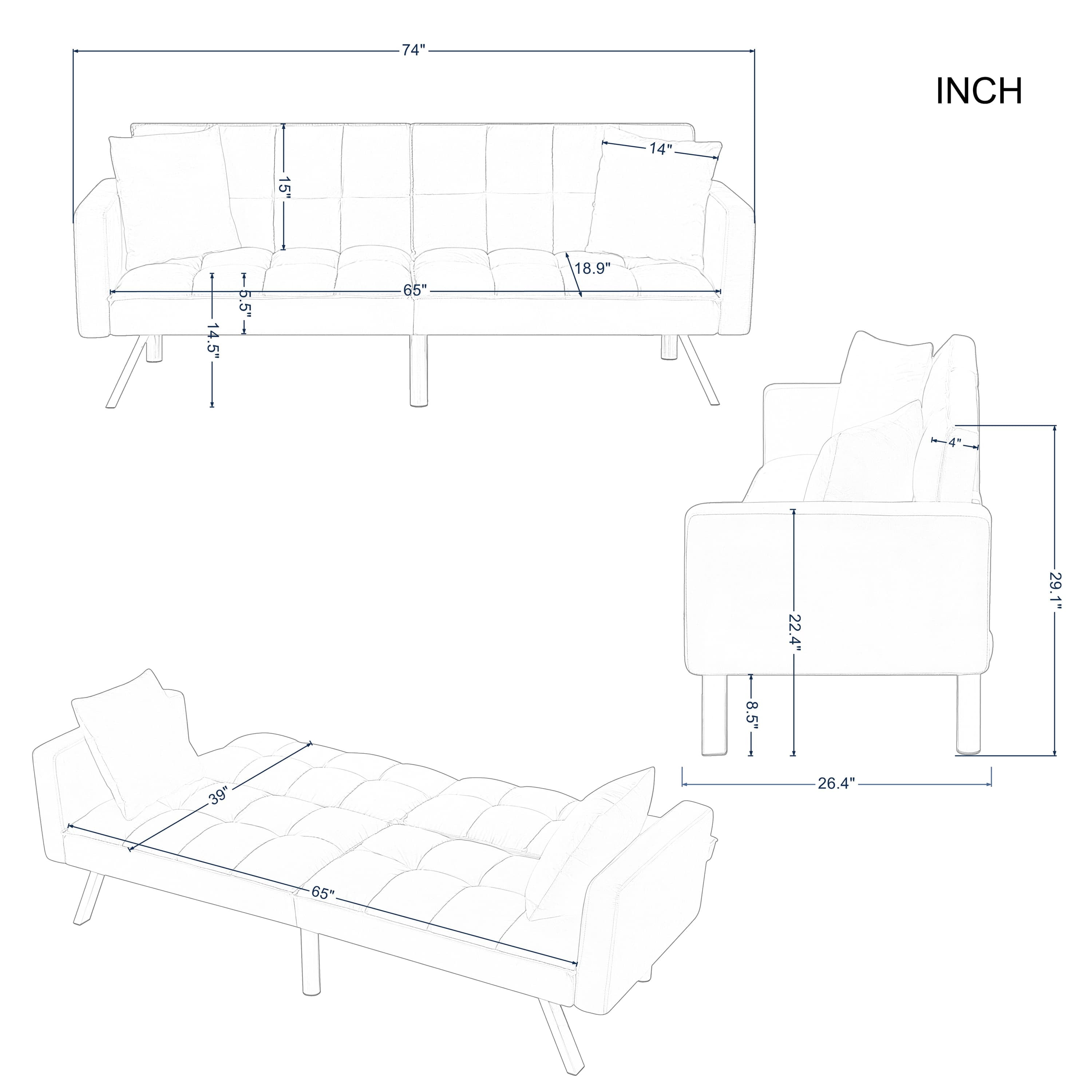 BSHTI 74” x 26.4” Futon Convertible Sofa, 3 Angles for Adjusting, Velvet Fabric, Square-Tufted Upholstery, with Silver Metal Legs, Twin Size Sleeper Sofa, Light Gray - Image 6